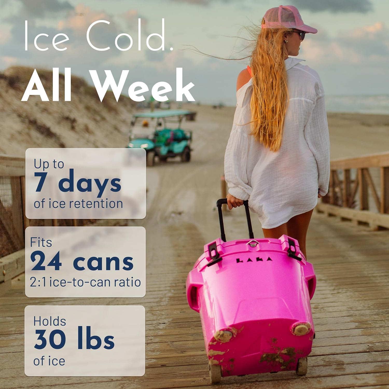 Laka Cooler with Wheels – 30QT Rotomolded Insulated Rolling Hard Cooler, Telescoping Handle, Holds 24 Cans + Ice, Up to 7 Days Cold, Drain Plug, Cup Holders + Bottle Opener, Beach/Camping/Boat