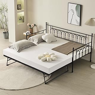 FULLJOJOR Twin Day Bed with Trundle Bed Twin, Metal Daybed with Trundle Twin Size, Space Saving Daybed with Pop Up Trundle Bed Frame for Adults, Vintage Guest Room Bed for Home Office