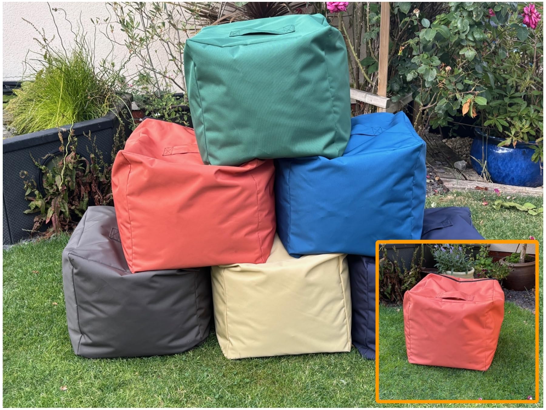PnH Garden/Outdoor Bean Bag, 40cm Cube, UV & Water Resistant, REMOVABLE/WASHABLE COVERS - 6 Colours, Covers Available Seperately (Terracotta Complete Beanbag)