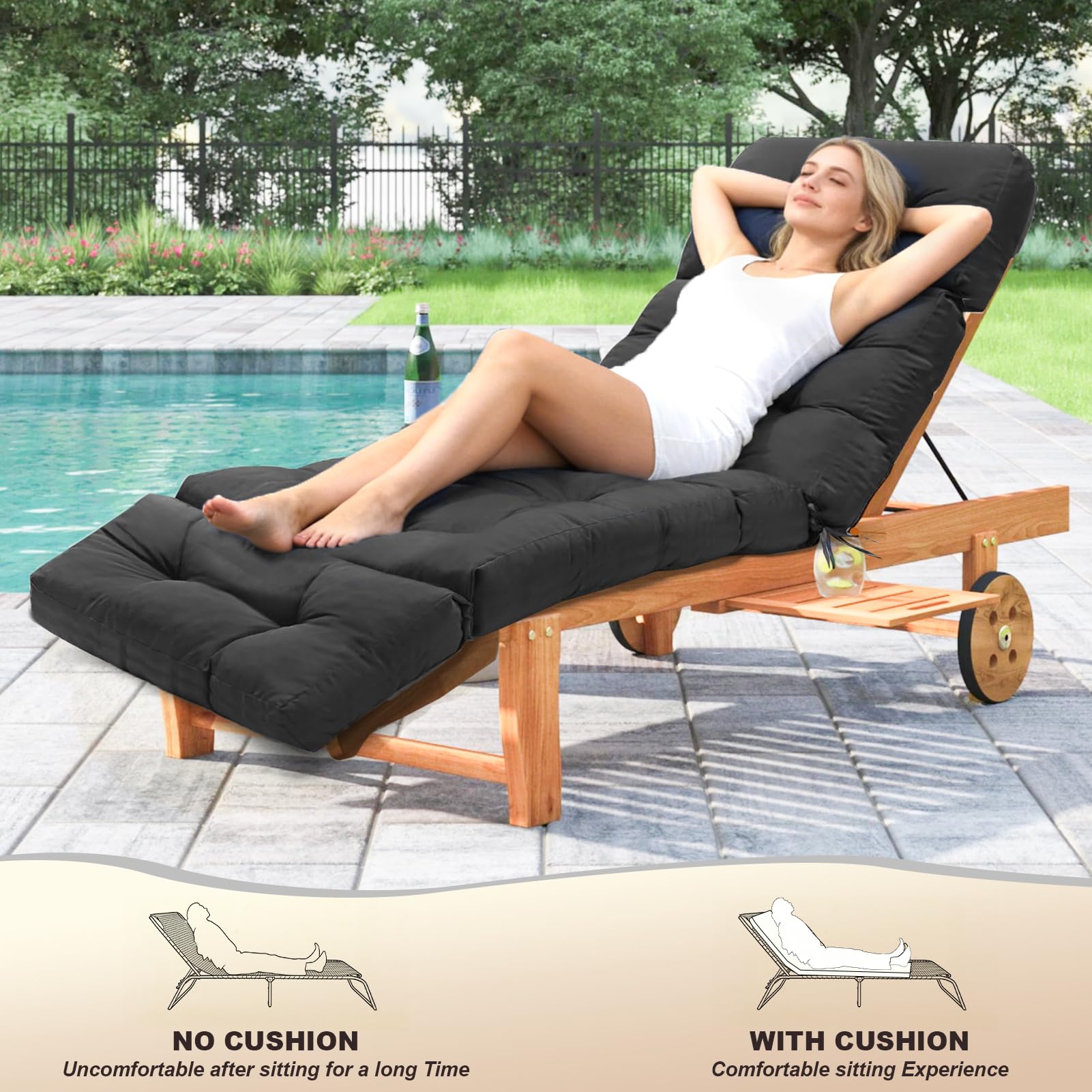 Outdoor Chaise Lounge Chair Cushion, 100% Waterproof Lounge Chair Cushions for Outdoor Furniture, 75.1 x 22.8 x 4.7 Inches Replacement Thickened Pool Lounges Chairs Cushions with Ties, Black — view 7