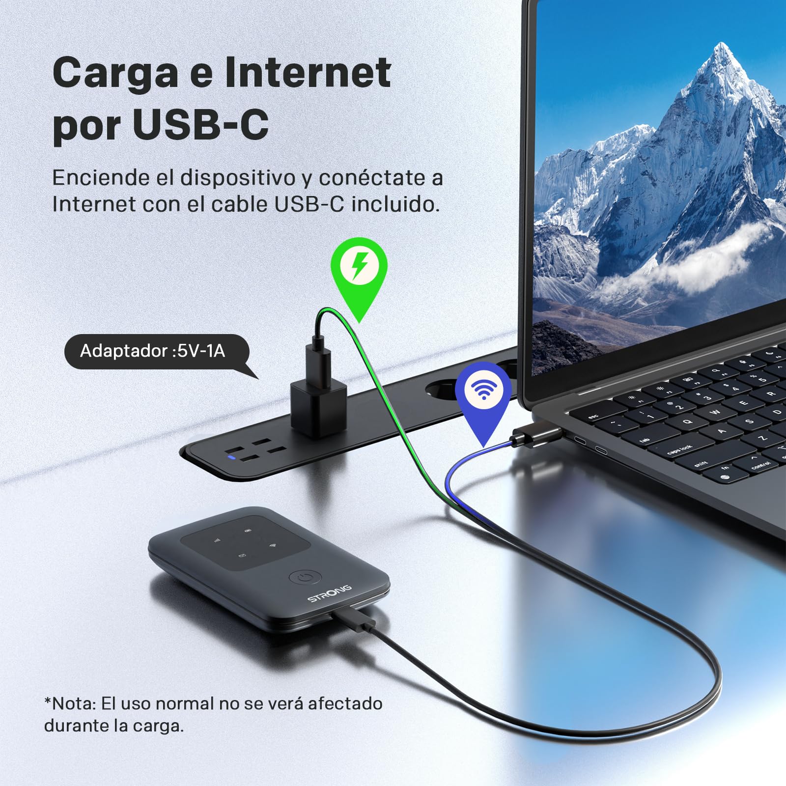 Strong 4G AIRSPOT 210 Router WiFi Portátil con SIM, 4G LTE CAT4 150 Mbps, Hotspot WiFi Portátil para Viajes, Conecta hasta 10 Dispositivos, Batería Recargable 2100mAh, USB-C, Función Power Bank