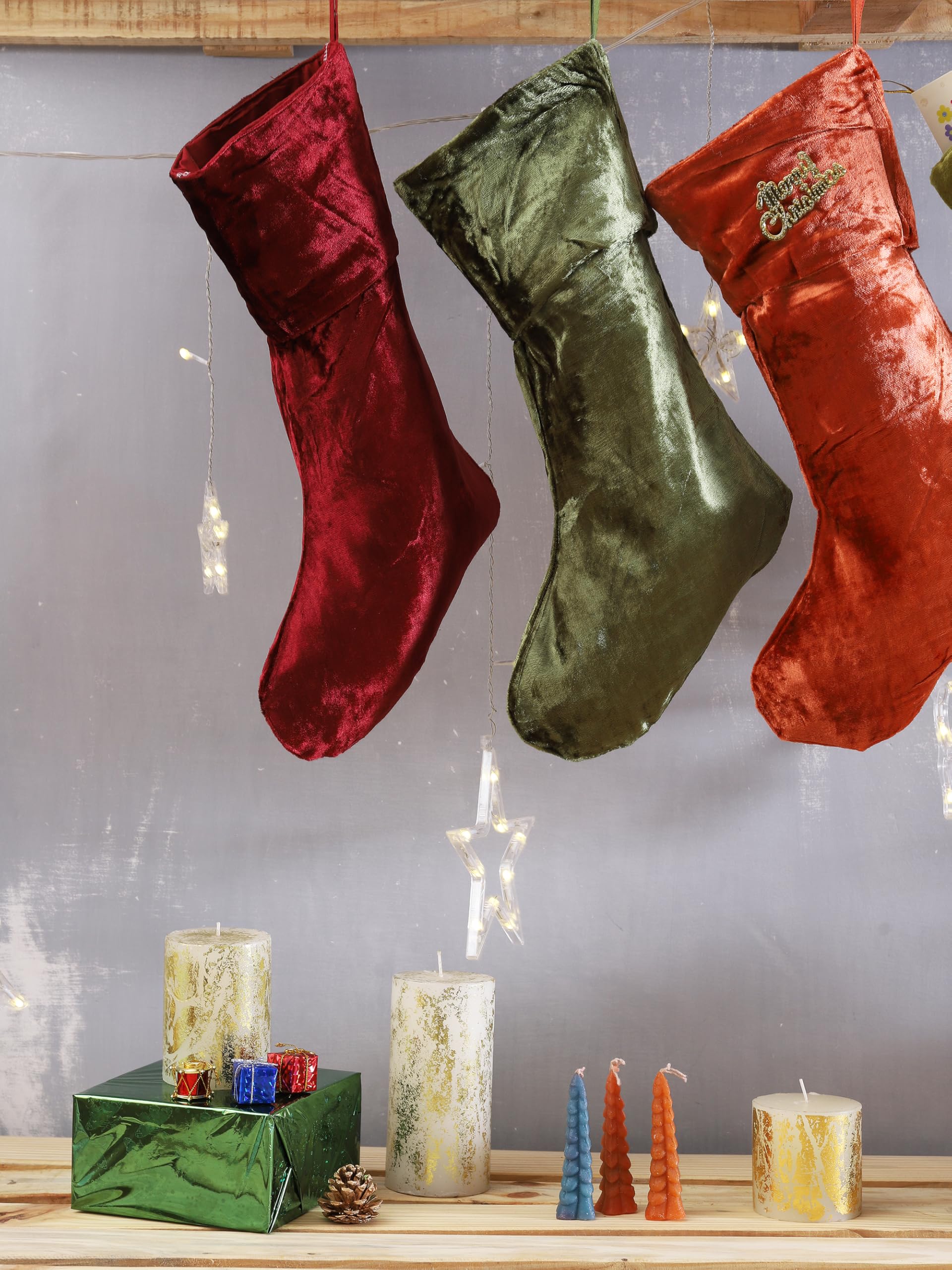 Weihnachts-Samtstrümpfe, 5 Stück, groß, 45,7 cm, Weihnachtsstrümpfe mit Aufhängeschlaufen, ästhetisch, rustikal, Weihnachtsdekoration für den Kamin
