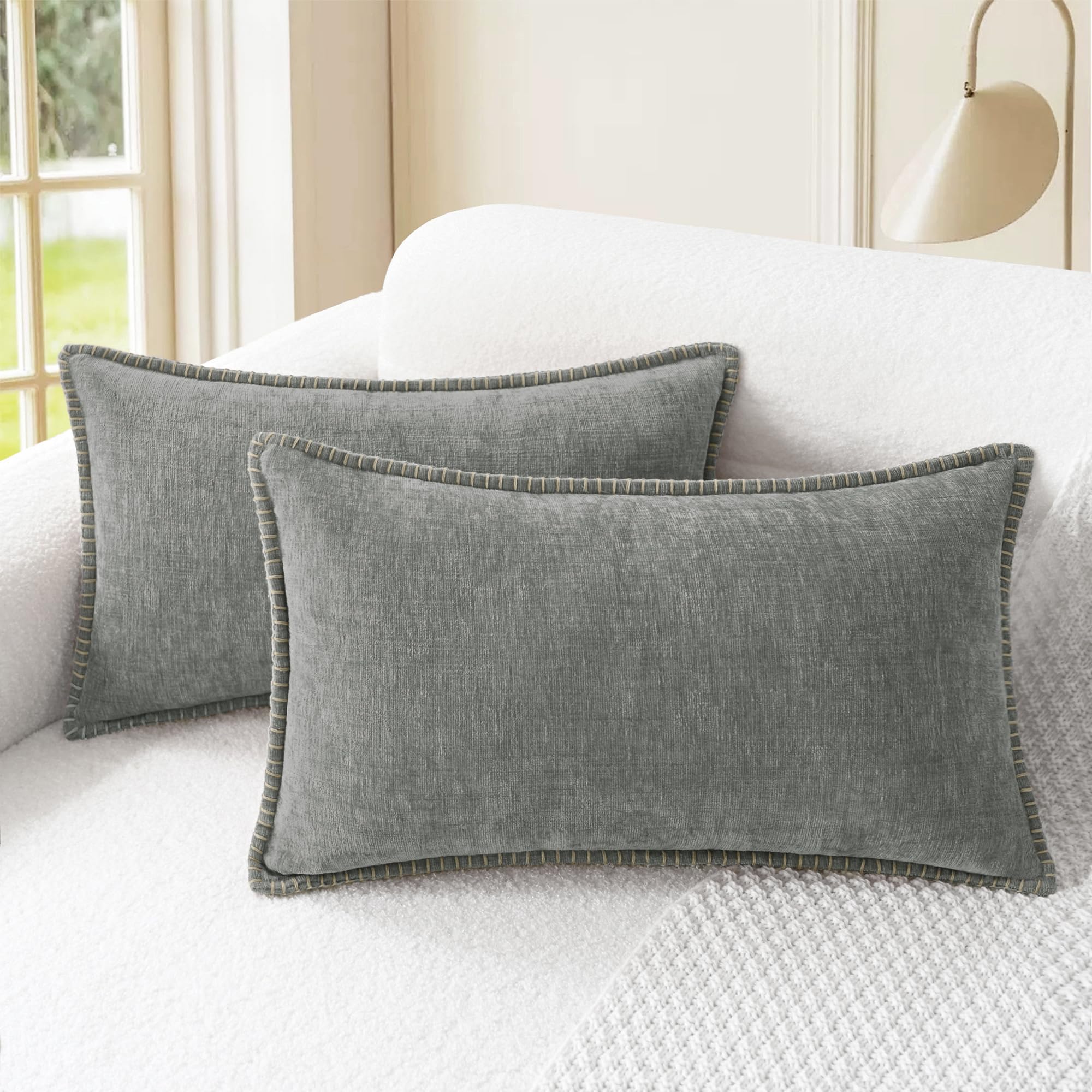 CaliTime Throw Pillow Covers Decorative 12 X 20 Inches Pack of 2 Cotton Thread Stitching Edges Solid Dyed Soft Chenille Cushion Cases for Couch Sofa
