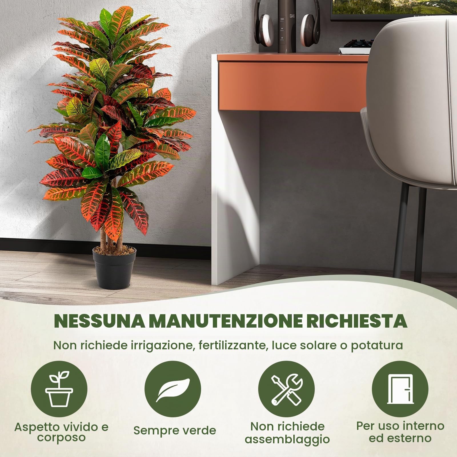 RELAX4LIFE Piante Finte da Interno 100 cm, Albero di Croton Artificiale, Pianta Finta Realistica con Tronco Naturale in Legno, Decorazione Domestica