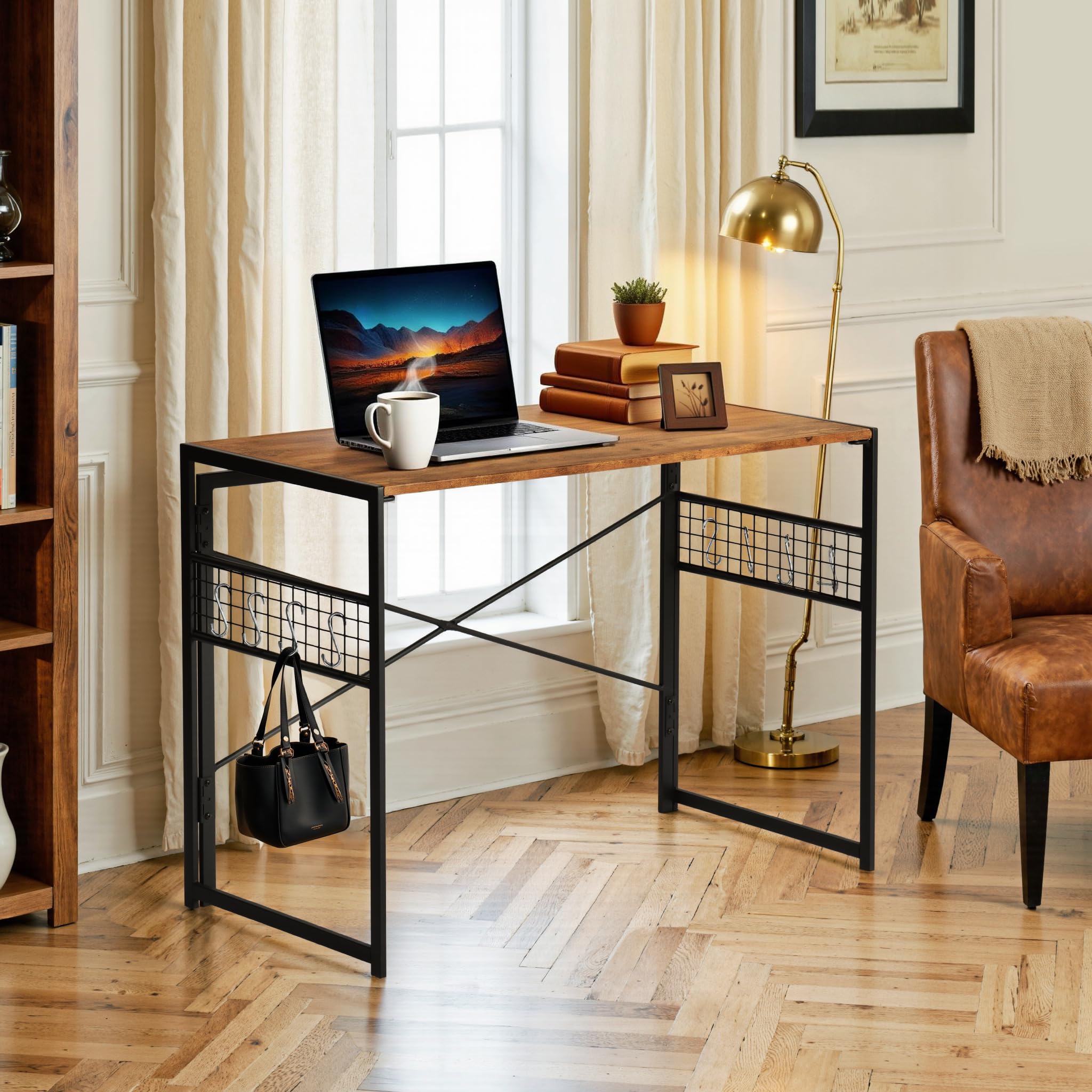 FurnitureR Arbeitstisch faltbar 100x50cm - Werkbank Heimwerker mit Stahlrahmen & Werkzeughaken, 50kg, klappbar 5,5cm (Braun Holzoptik)