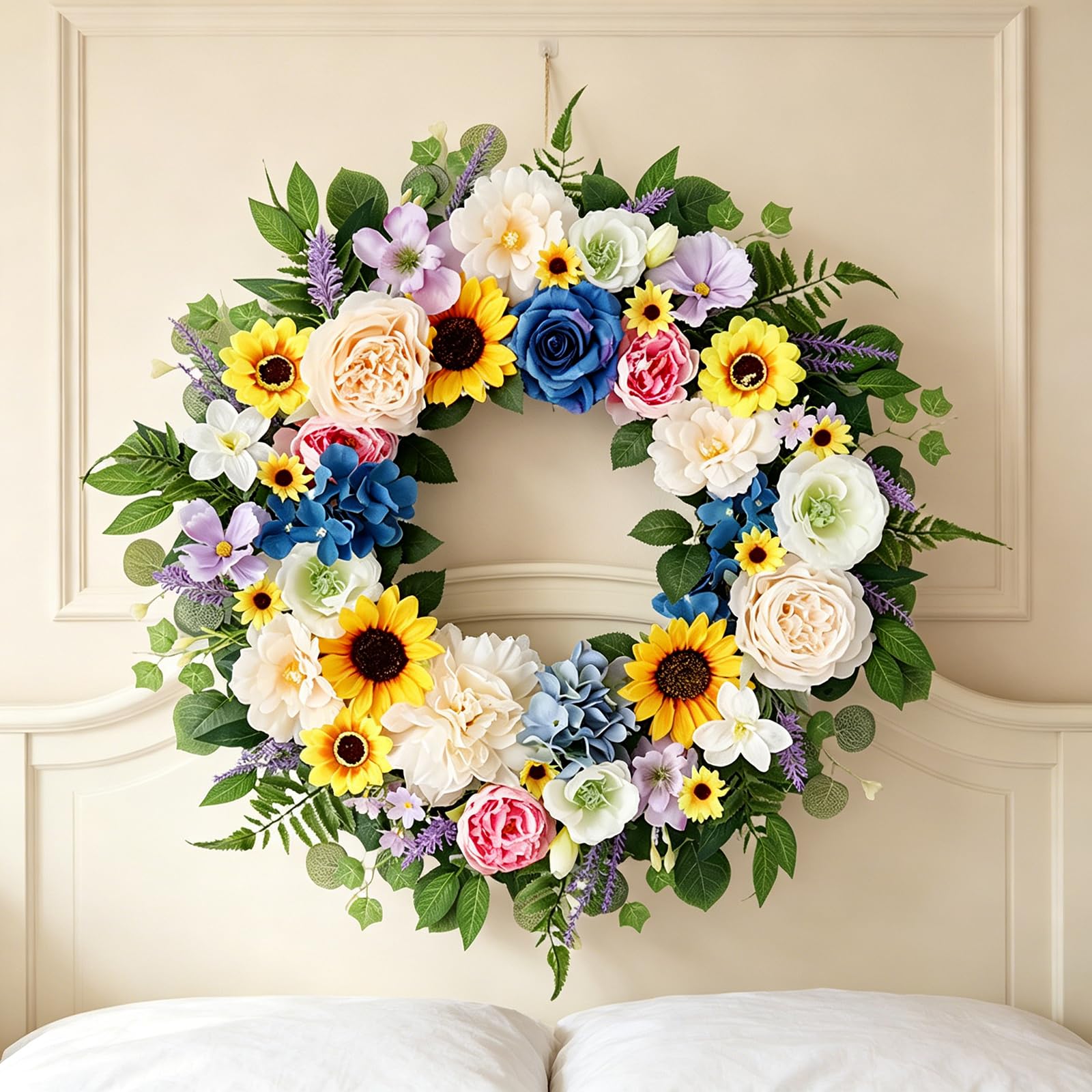 Corona de flores artificiales de 55 x 55 cm, resistente a la intemperie, corona de primavera para boda, día de la madre, decoración interior y exterior, fiesta para colgar en la pared