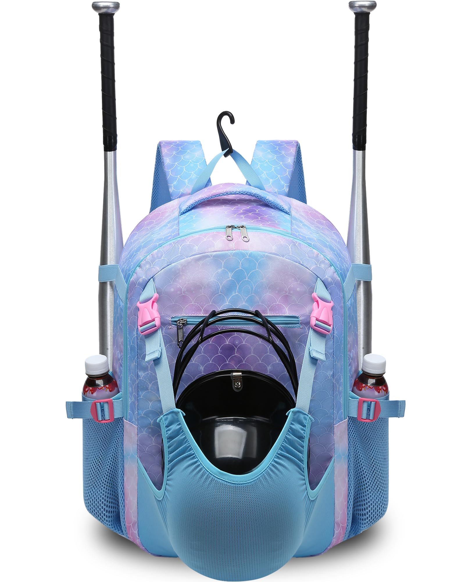 FOKDUVB Baseball Softball Backpack for Kids Boys Girls 6-8 8-12 12-14 Large Youth Bat Bag for Gear Storage Baseball Softball Tball Equipment Back Pack with Separate Shoe Bag (Blue/Purple, Mermaid)