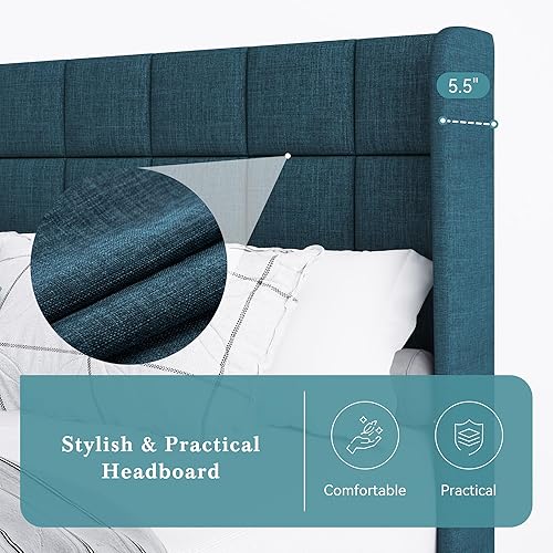 Miniatura 4 de Hoomic Base de cama de tamaño matrimonial con cabecera cosida cuadrada, plataforma tapizada de tela, base de colchón de soporte de listones de