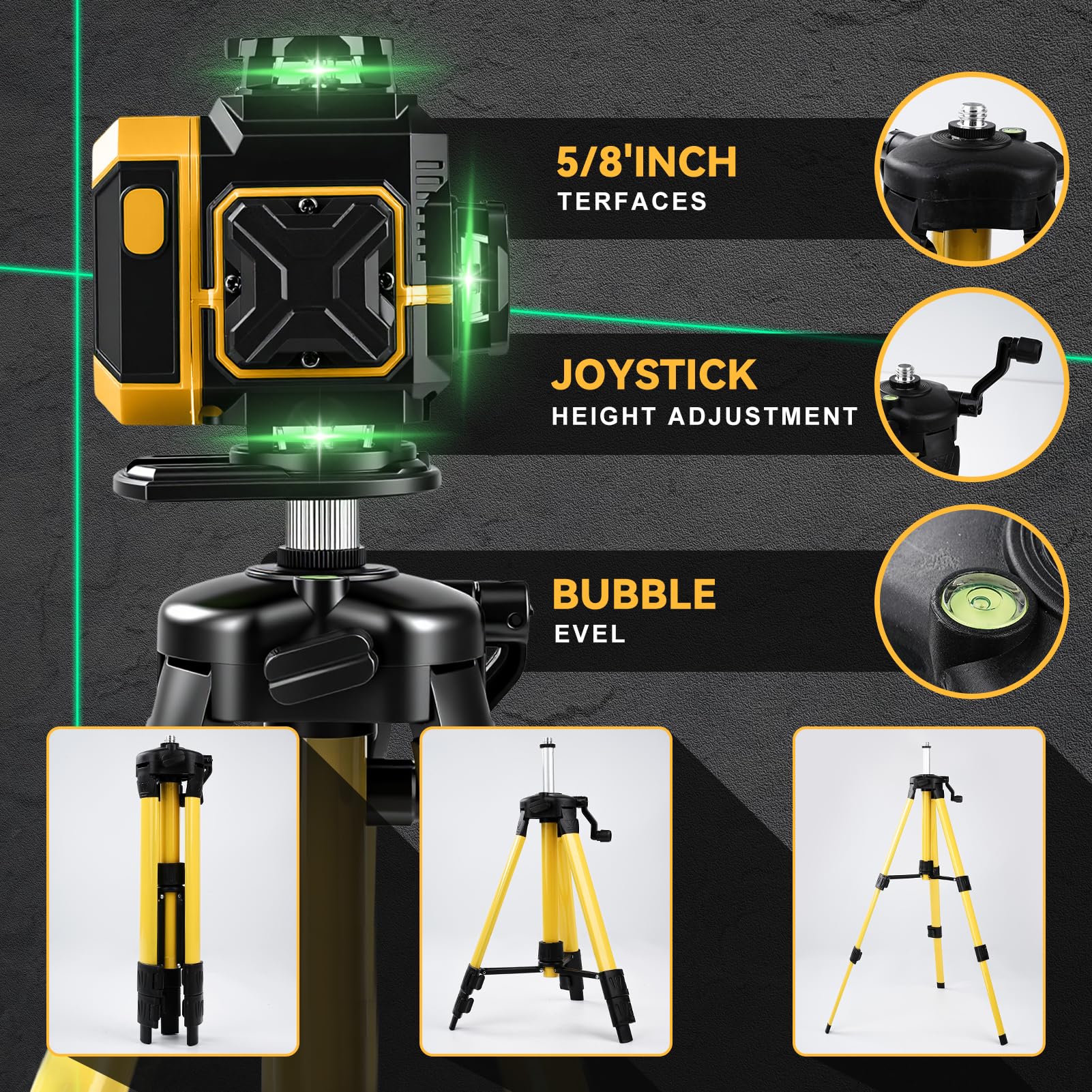 Nivel Laser Autonivelante 16 líneas 360 Grados, 4 x 360 Láser de línea con Trípode, Plataforma Elevadora y Soporte de Pared, Batería, Control Remoto, láser Cruzado Uso Interior y Exterior, amarillo
