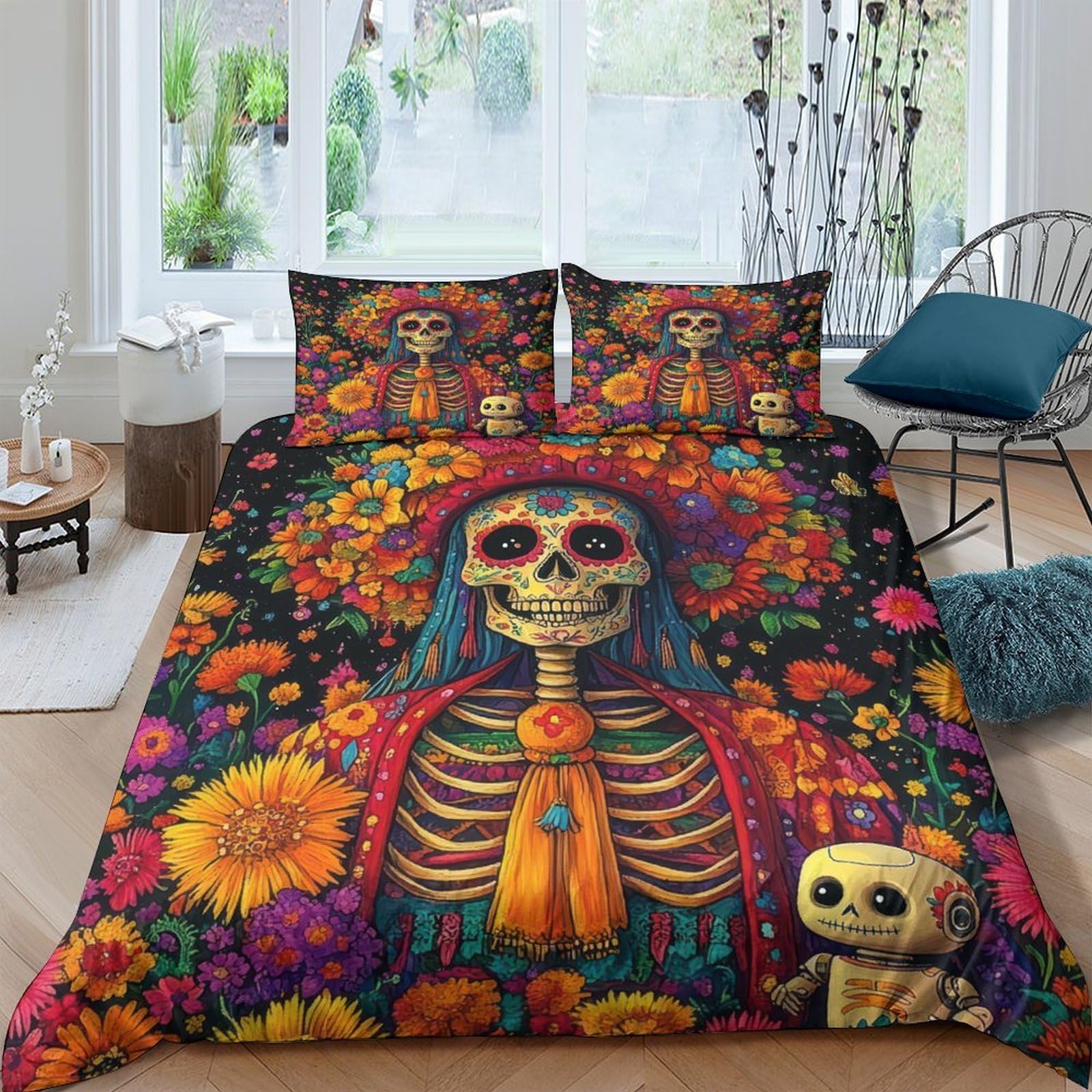 Ctjqhvkz Style-6 3D Printed Day Of The Dead Skeleton Fitted Sheet Microfiber Floral Skull Mattress Cover For Bedroom Guestroom Decor Single（135X200cm）
