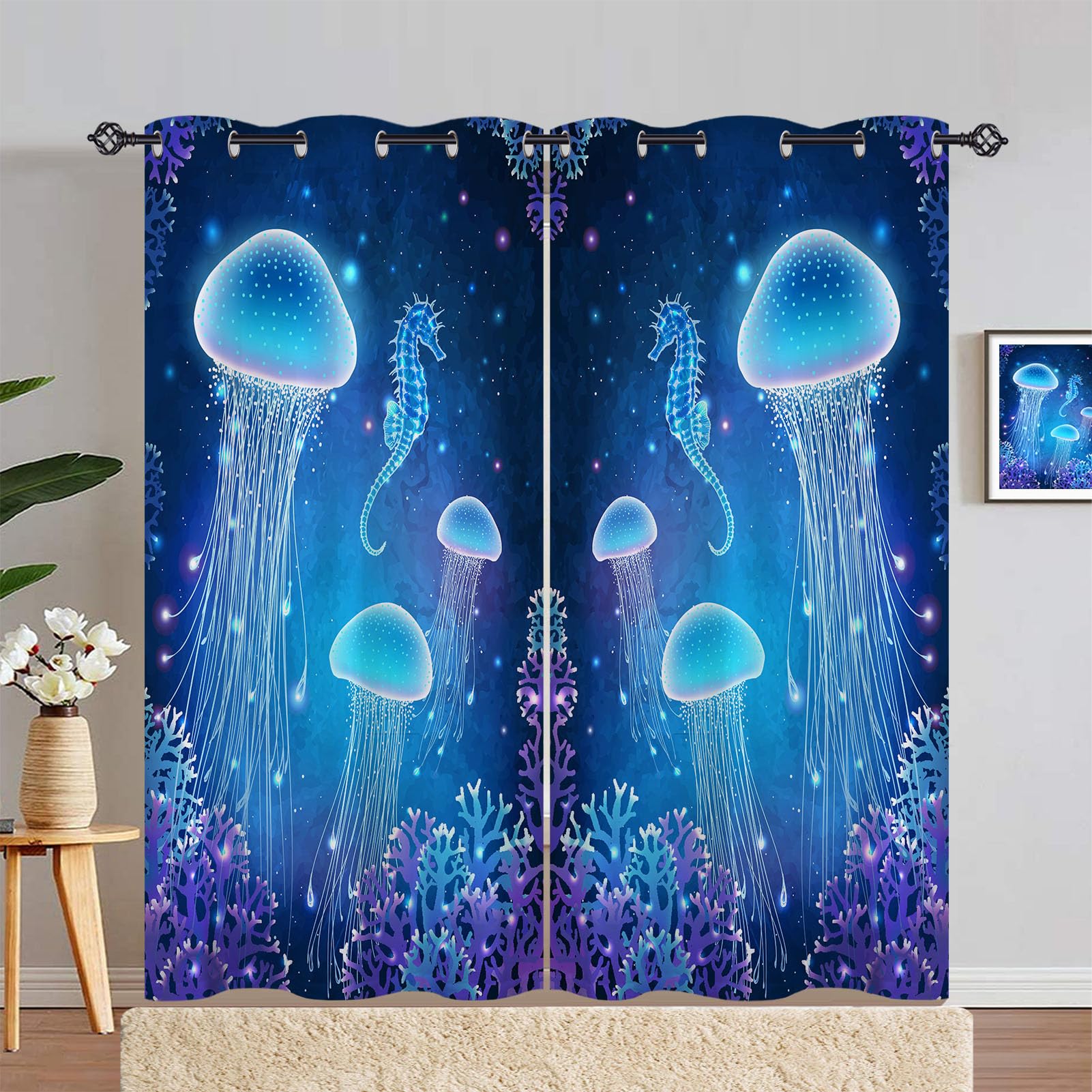 ANHOPE Jellyfish Curtains Eyelet Ring Top Soft Thermal Insulated Blackout Curtains Ocean Seahorse Coral Print Pattern Decorative Window Drapes for Bedroom Living Room 55 x 84 Drop Inch 2 Panels โ image 1