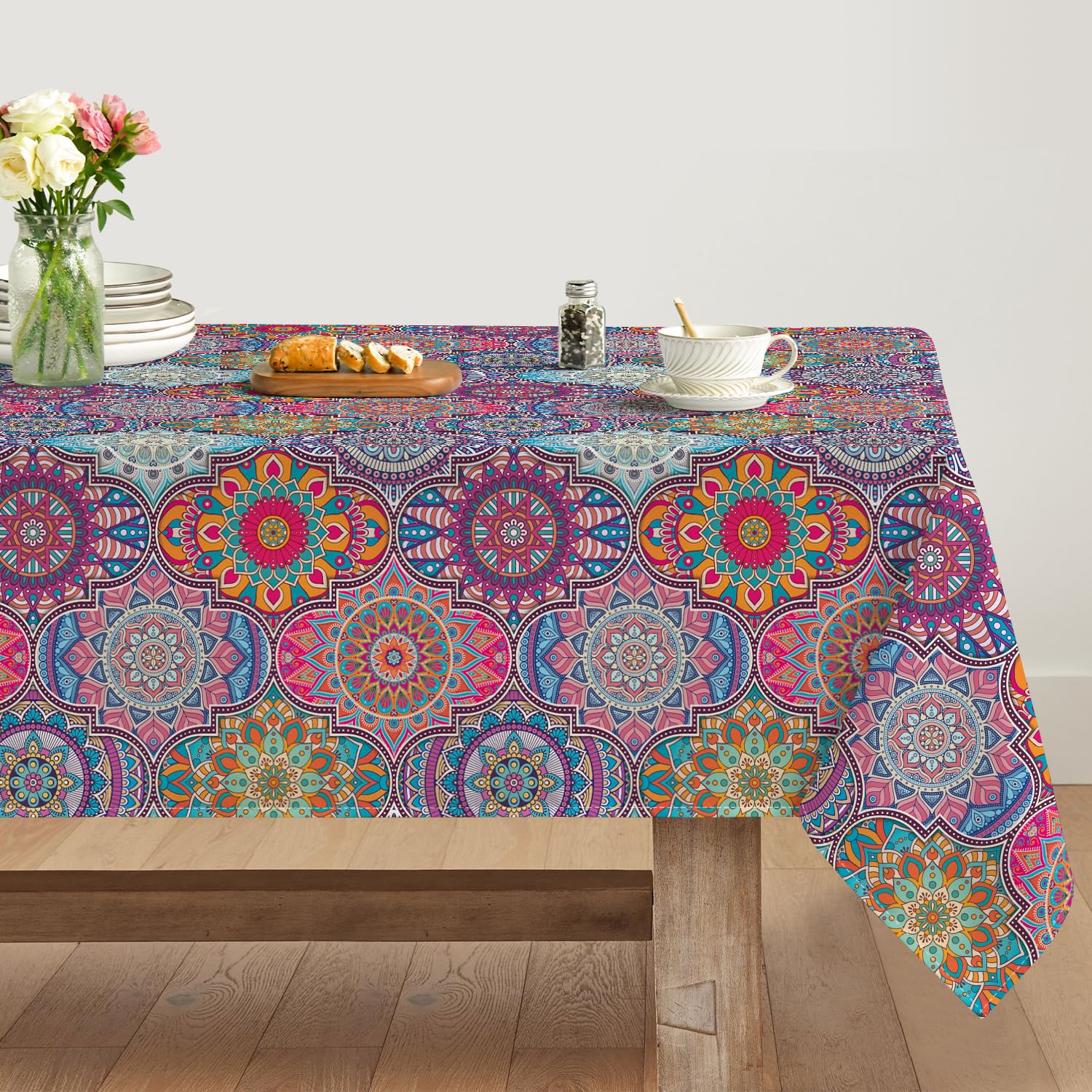 Artoid Mode, Tovaglia Boho Vintage con Geometrie Marocchine Mandala, 140x220 cm, Protezione Antimacchia, Biancheria da Cucina, Decorazione per Feste e Vacanze