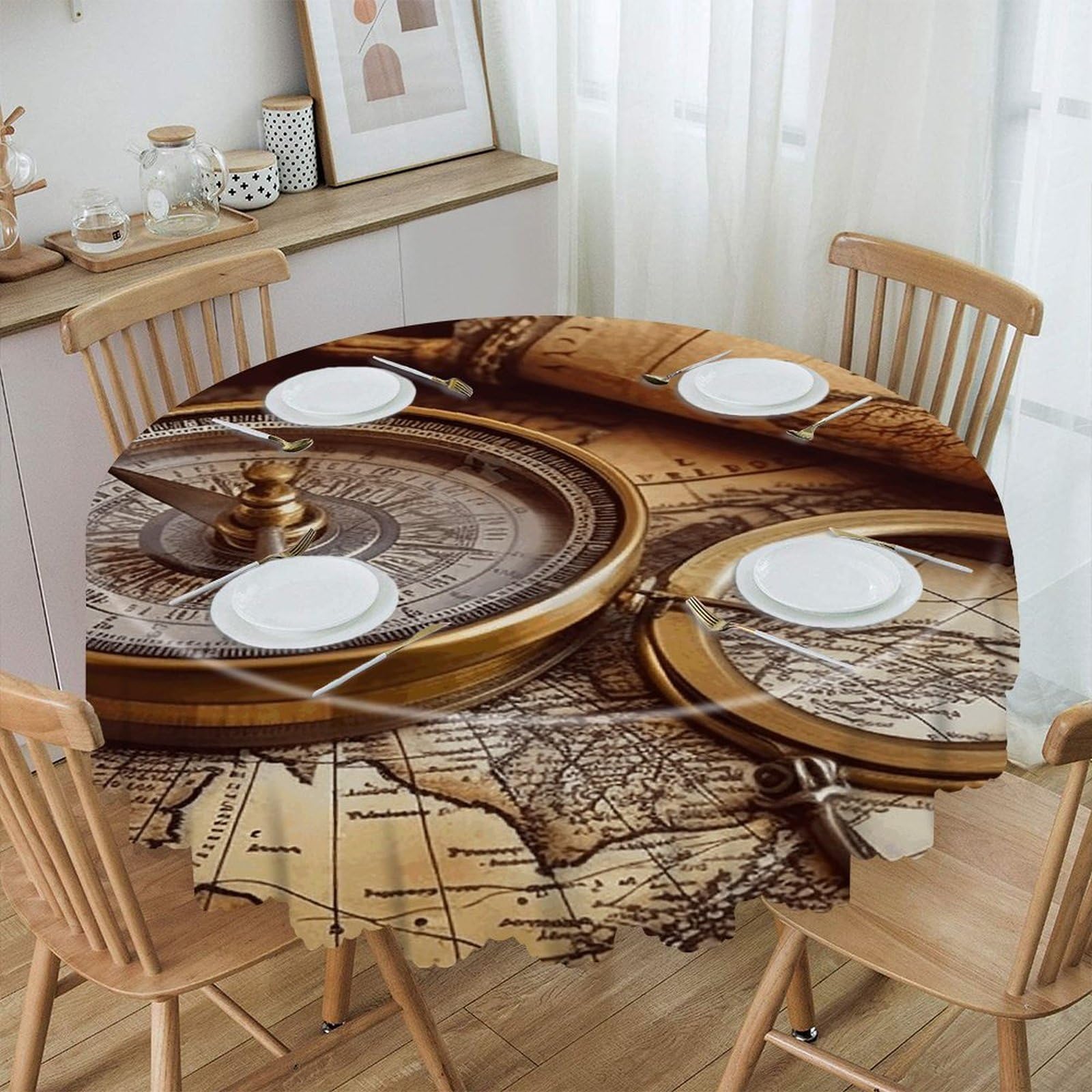VstaDank Compass and Old World Map Round Tablecloth Premium Polyester Table Cloth Heavy Duty Washable Fabric Tablecloth Waterproof Holiday Table Cover Decorative Tablecloths for Dining 60"