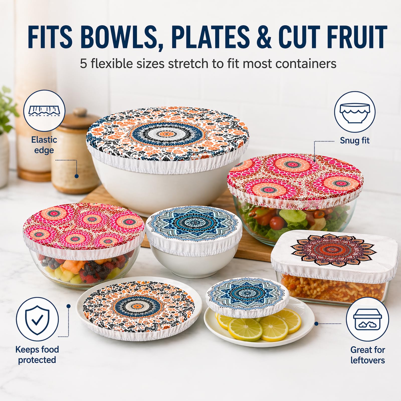Lot de 10 couvercles pour aliments : en tissu élastique pour aliments, couvercles réutilisables avec élastique, housses imprimées de qualité alimentaire pour salade en verre, pot