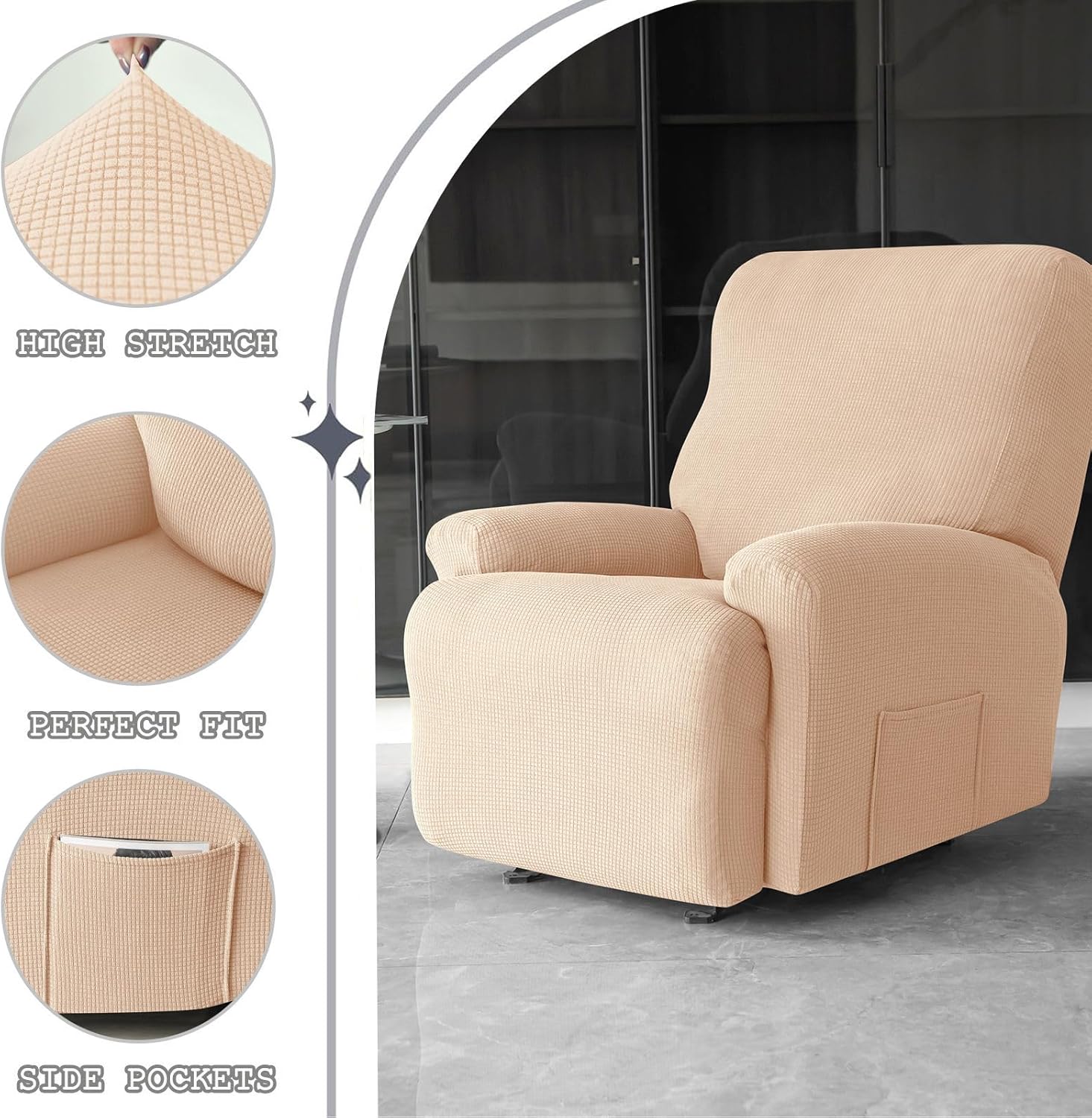 4 Piece Water Resistant Recliner Sofa Covers, Stretch Reclining Sofa slipcover Scratch Resistant Armchair Covers with Elastic Bottom for Cat Dog-Beige-1 Seater