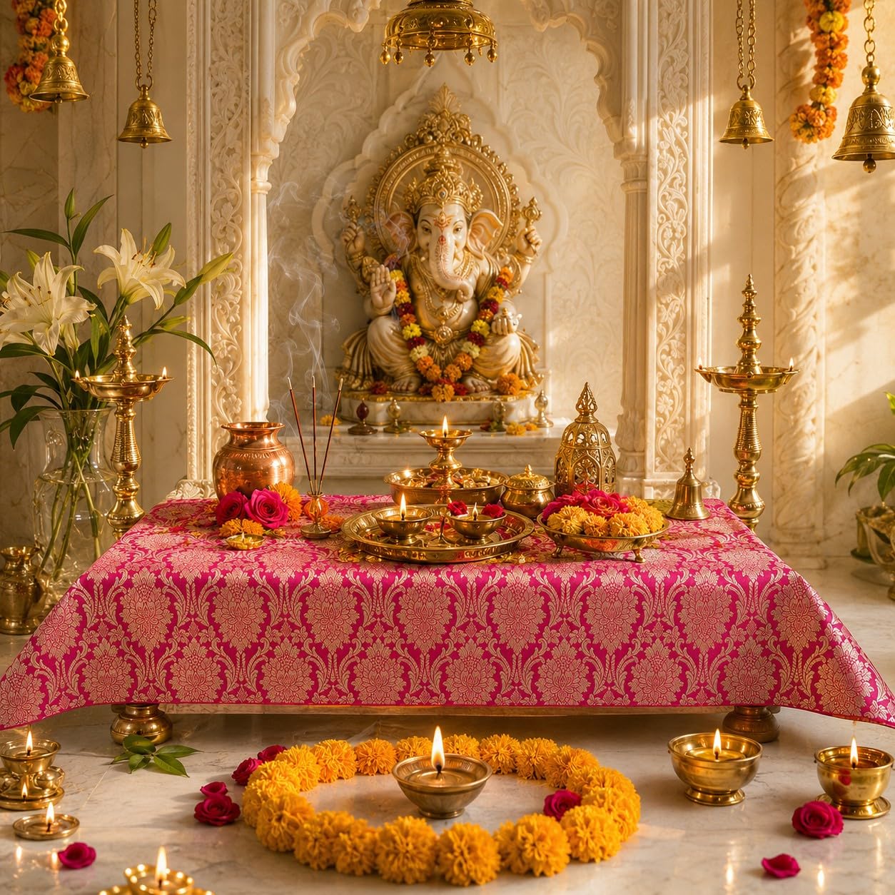 Pink Brocade Silk Luxurious Rectangular Chowki Cover 12x24 Inches| Puja Chowki, Bajot,Patiya, Peedha, Ganpati Chowki, Puja Platform, Puja Table & Singhasan Cover for Navratri, Karwa Chauth & Diwali-image-20