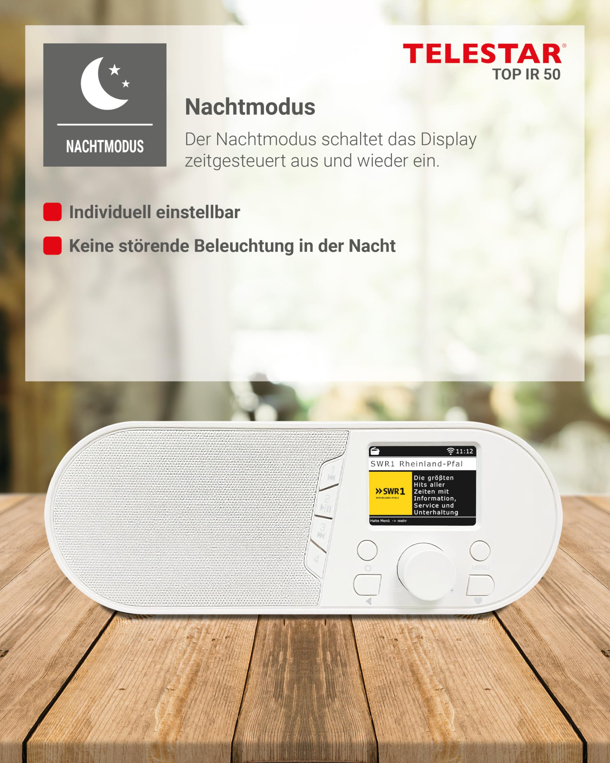TELESTAR TOP IR 50 – Internetradio, Bluetooth Audio-Streaming – Weiß | 7 W, USB-Aufnahmefunktion, Stationstasten am Gerät, Dimmfunktion, Nachtmodus, Hotelmodus, Fernbedienung
