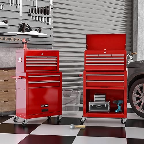 Miniatura 4 de Caja de herramientas con ruedas de 8 cajones, armario de almacenamiento de herramientas de alta capacidad y carrito de herramientas, baúl de