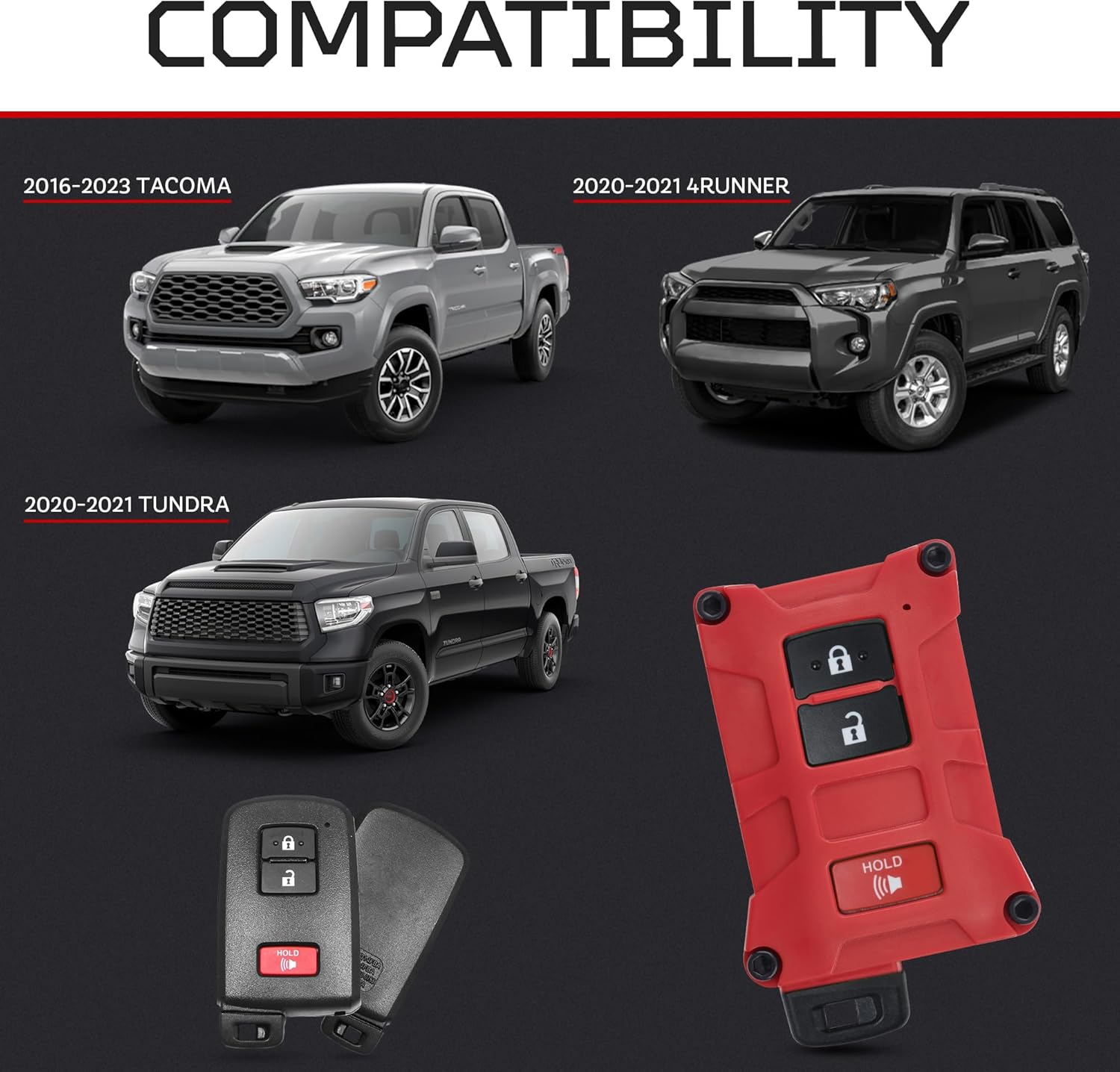 AJT DESIGN V1 Key Fob Case Replacement for Tacoma (2016–2023), Tundra (2020–2021), and 4Runner (2020–2021) with Push Button Start Only – Rugged PC-ABS Key Fob Shell – Made in the USA | Red