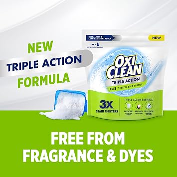 OxiClean Triple Action Free Versatile Stain Remover Powder, Use with Detergent, No Fragrance, No Dyes, No Chlorine, Removes Stains, Brightens Colors and Whites, 4 lbs
