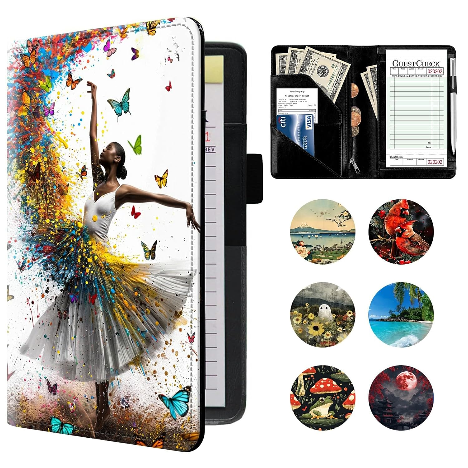 Server Book, PU Leather Server Books for Waitress, Waitress Book, Sturdy Waiter Book, Serving Waitress Accessories Fit Server Apron Waitress, Sunflower Ghost