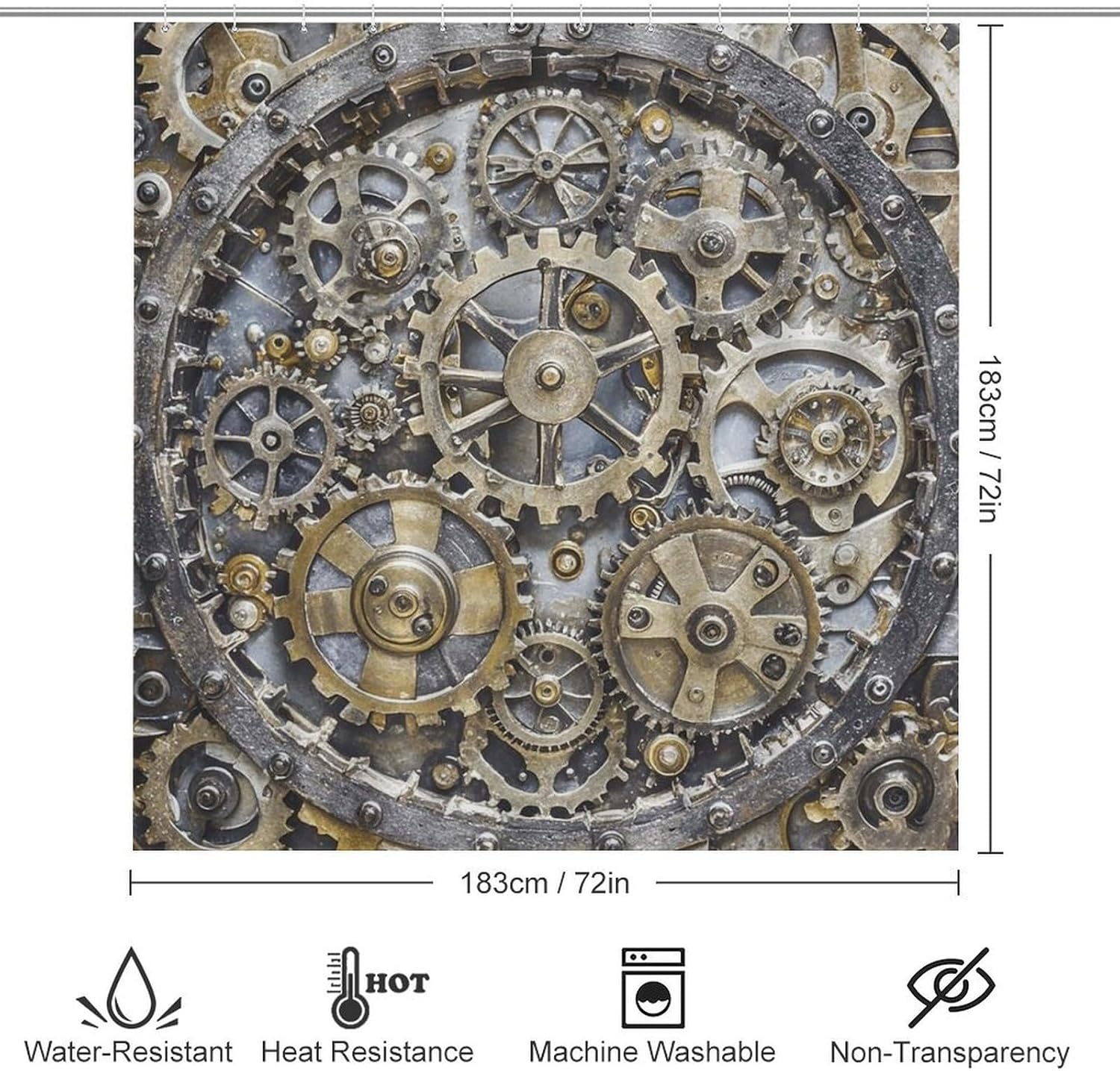 Steampunk Mechanical Gears Shower Curtain Set 4 Piece, Non-Slip Bath Mat with Toilet Lid Cover and Waterproof Shower Curtain with 12 Hooks, Complete Bathroom Set for Home Decor