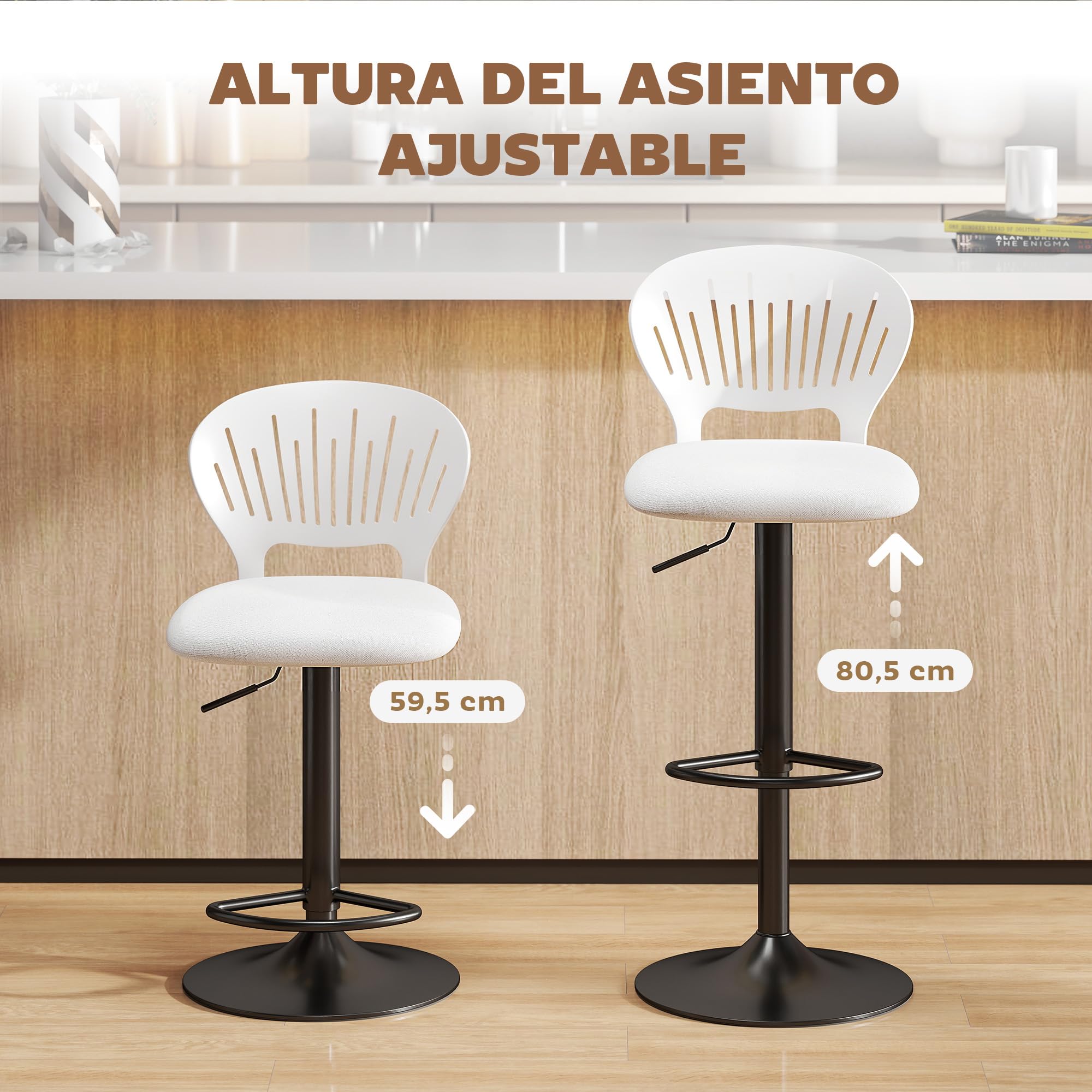 HOMCOM Juego de 2 Taburetes Altos de Cocina Giratorios en 360°, Taburetes de Bar Regulables en Altura de 84-105 cm, Respaldo Hueco, Reposapiés, para Comedor, Mostrador, Blanco