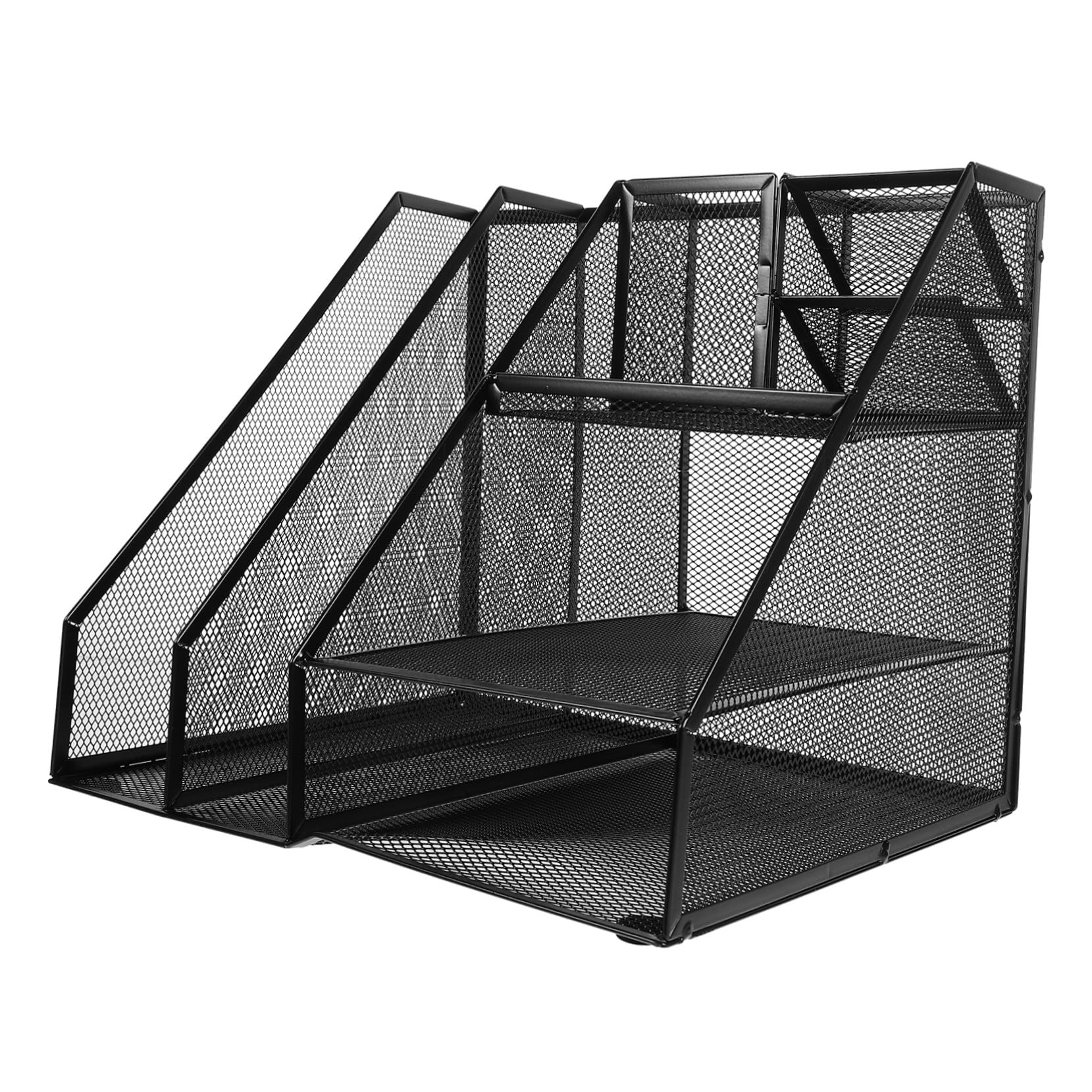 Organizer da Scrivania in Rete di Metallo con Scaffale Porta Documenti e Porta Penne Laterale Sinistro Scaffale Ufficio in Ferro Nero Scomparti per Organizzazione File e Materiale