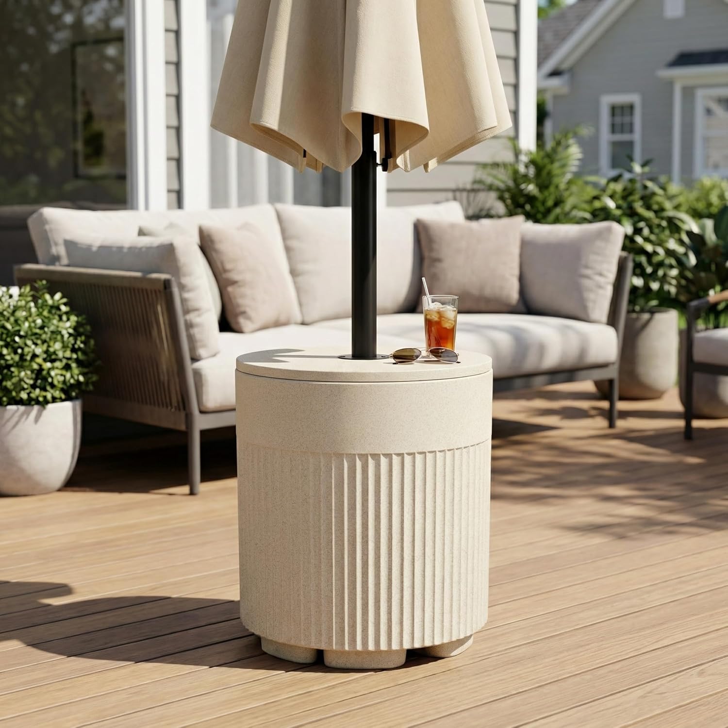 Outdoor Table, Bladder Umbrella Base with Adjustable Knob, Water Filled Umbrella Base, All Weather Side Table Fits Up to 1.6" Pole, Up to 15 Inches of Water, for Beach, Yard, Garden, Beige