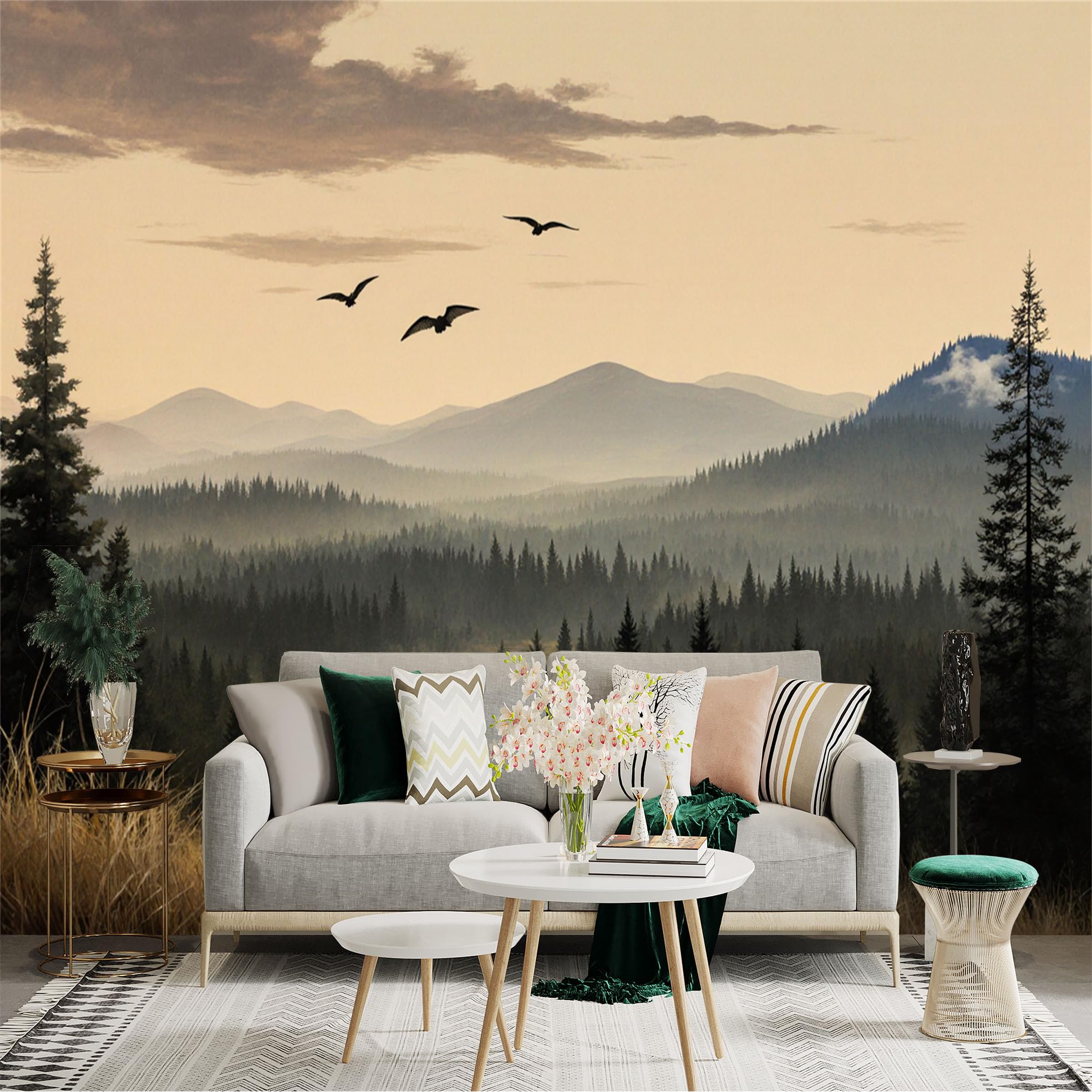 Lnzczhyre Xc260505578 Custom Size Wall Sticker Mural， Flying Birds Over Misty Pine Forest， Mountain Landscape At Sunset， For Wall Decoration， Peelandstick Wall Decals.