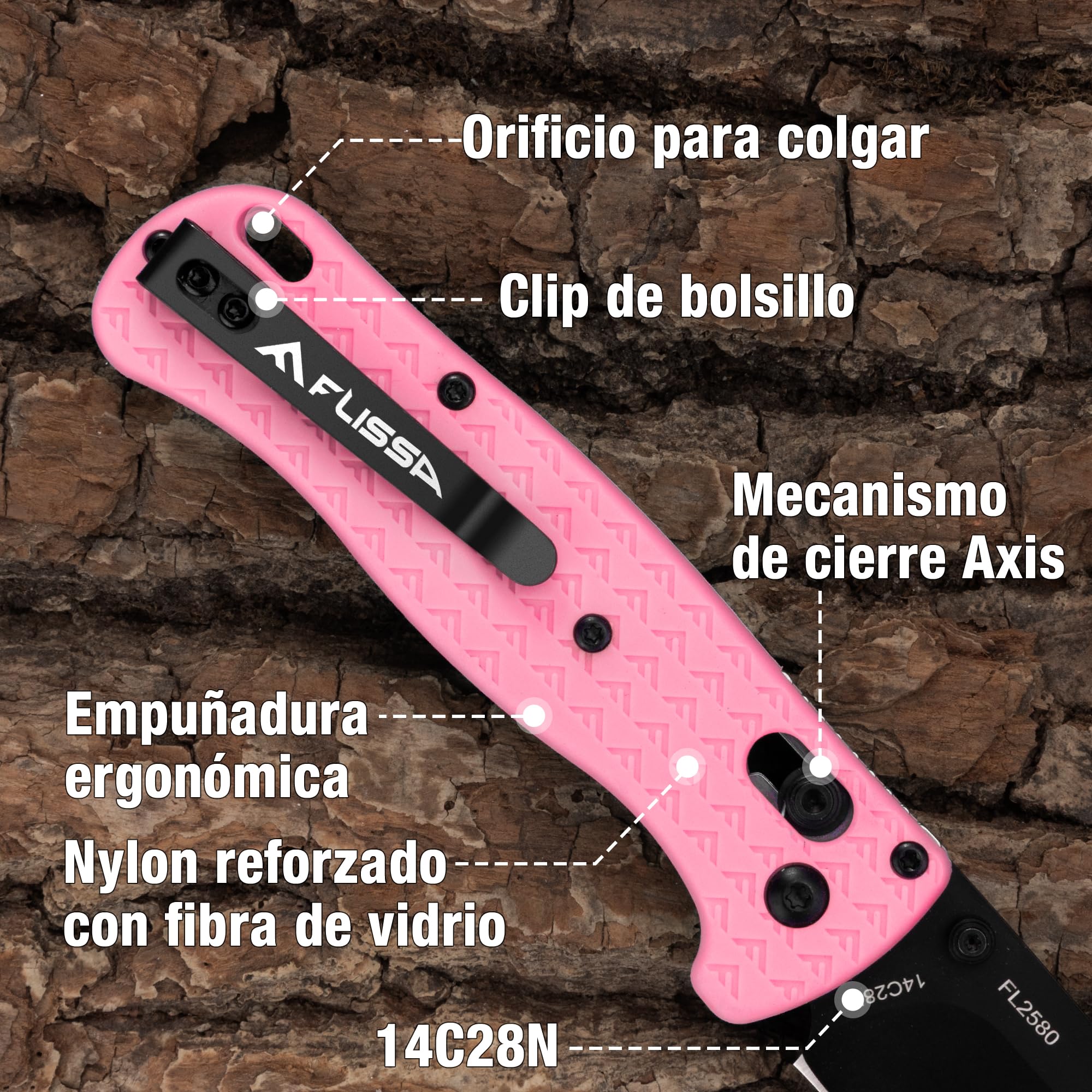 FLISSA Navaja Plegable EDC de 190mm, Navaja de Bolsillo de Acero 14C28N con Recubrimiento de Titanio Negro, Cuchillo Plegable Ligero y Compacto para Camping, Senderismo, Aventura y Viaje, Rosa