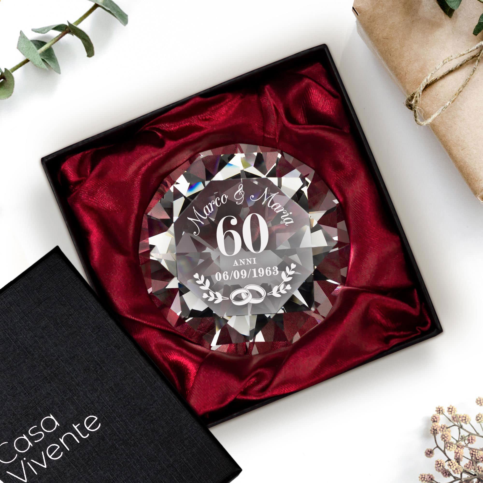Casa Vivente Cristallo in Vetro a Forma di Diamante, Incisione Personalizzata 60° Anniversario di Nozze con Nomi e Data, Accessori Decorativi Casa