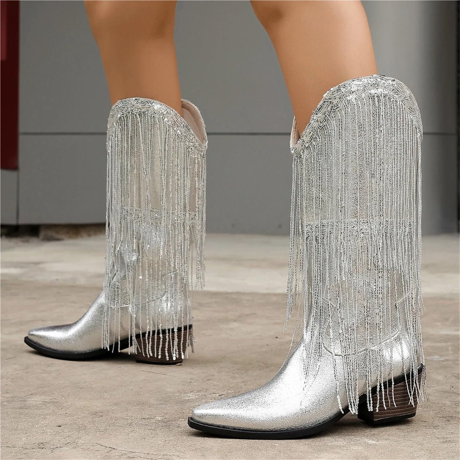 Stivali Texani Donna Stivali da cowboy argento scintillanti con nappe lunghe, punta western, stile motociclista tacco basso grosso