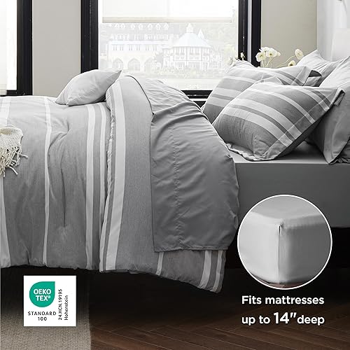 Miniatura 6 de Bedsure Bed in a Bag - Juego de edredón de 5 piezas, con edredón, sábanas, funda de almohada y funda de cojín, a rayas, gris y blanco, individual