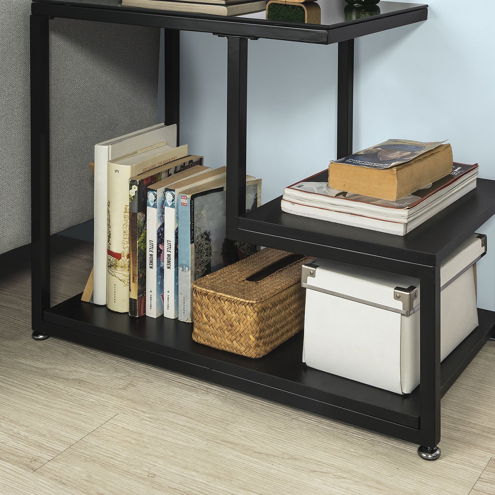 SoBuy Tavolino soggiorno con due piani, in vetro,legno e ferro.nero, FBT65-SCH