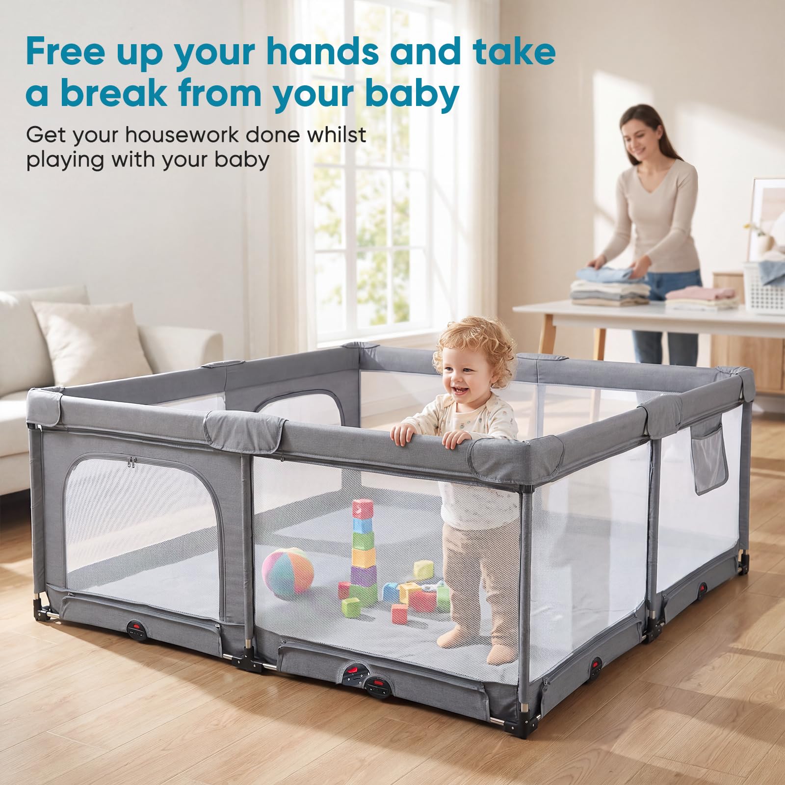 Parc pliable pour bébé 180 x 150 cm, 2 entrées latérales, filet, bords doux | Utilisable sans montage, parc intérieur et extérieur avec filet respirant et anneaux de traction