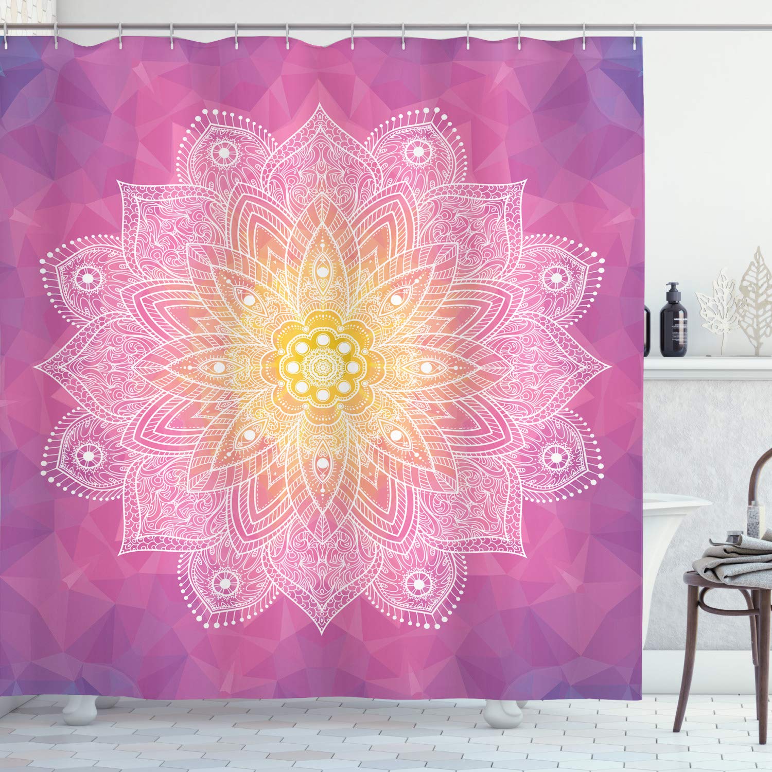 ABAKUHAUS Mandala Shower Curtain, Digital Mandala Psychedelic Hidden Magic Force of Life, Cloth Fabric Bathroom Decor Set with Hooks, 70 Inches, Fuchsia Yellow โ image 1