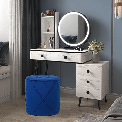 Miniatura 2 de Joveco Moderno otomano redondo, taburete de tocador tapizado de terciopelo con asiento acolchado suave, reposapiés para mesa auxiliar, taburete para