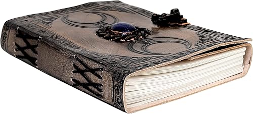 Miniatura 4 de AzureGreen - 3 Moon Black Lapiz Journal - Gemstone Studded Handmade Vintage Writing Notebook, Unlined (Vintage Off-white, 3 Moon Plain Paper)