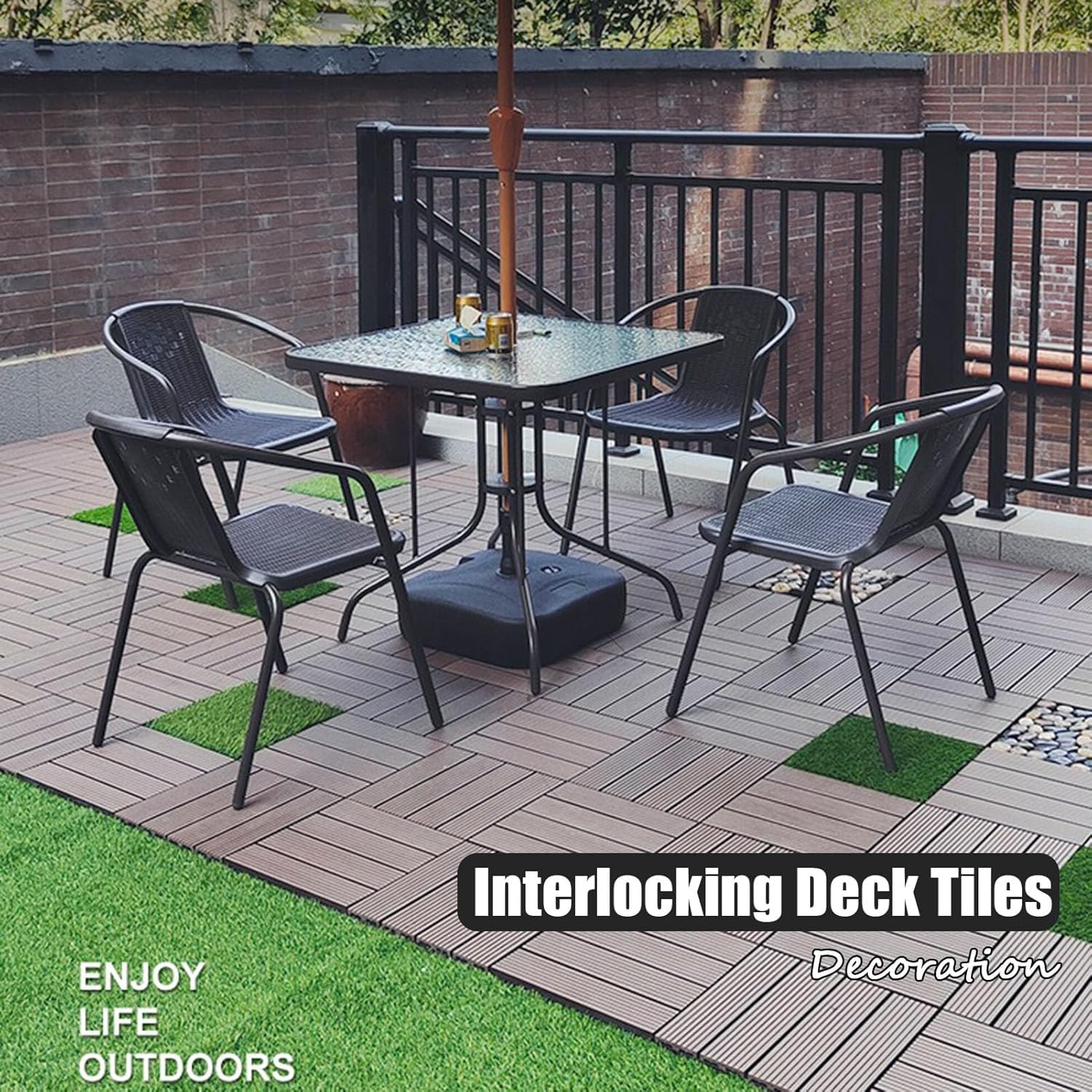 Dalles et lames de terrasse en composite, 6 pièces dalles de terrasse emboîtables en bois multicolores 30x30x2 cm(Brick)