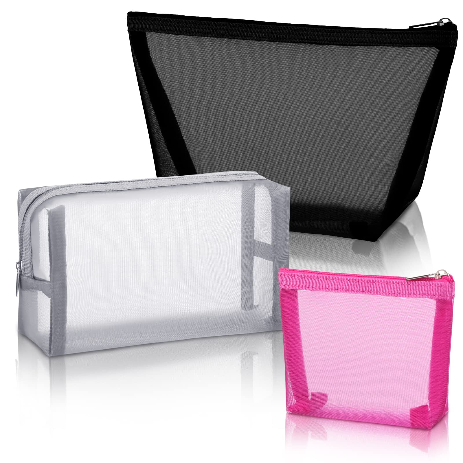 Boao 3 Piece Mesh Cosmetic Bag Mesh Makeup Bag with Zipper Pouch Travel Toiletry for Makeup Organizer Home Office Travel Accessories(Black, Gray, Rose