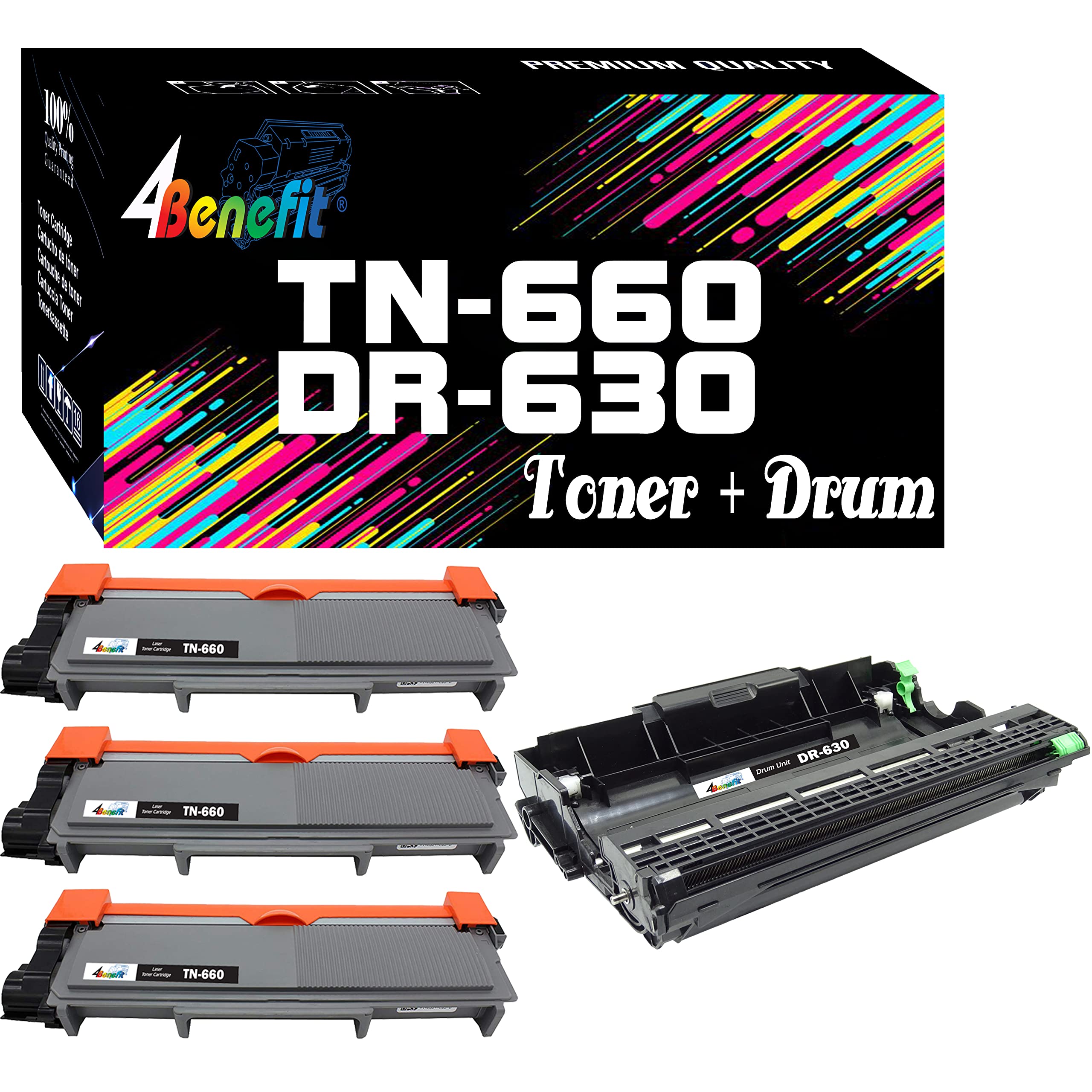 (4 Pack, Toner/Drum) 4Benefit Compatible TN660 Toner Cartridge and DR630 Drum Unit (3xToner + 1xDrum) for use in