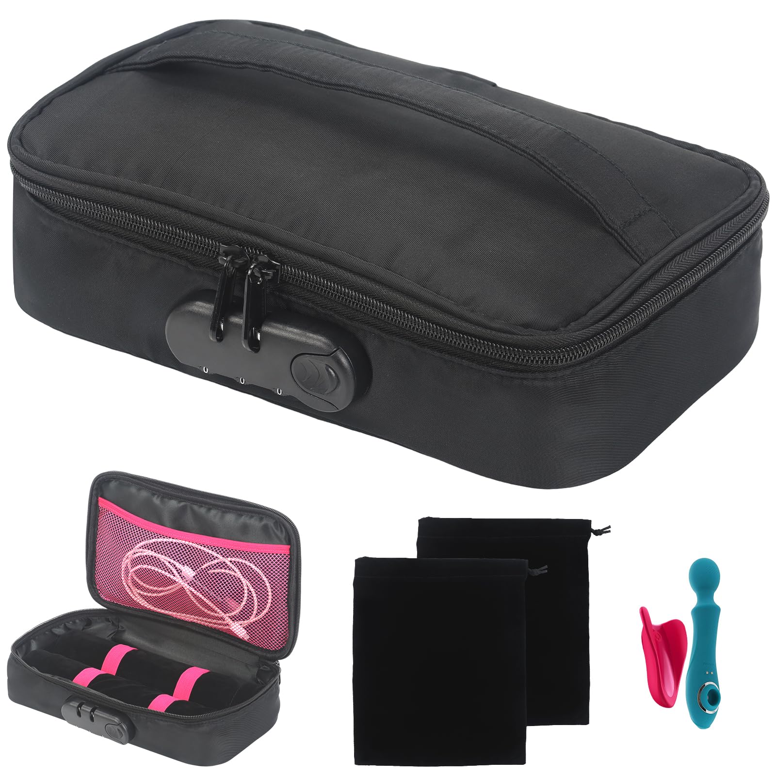 Storage Organizer Case with 2 Drawstring Bags,Discreet Lockable Toy Bag Storage Organizer for Women and Men, Portable Travel Bag with Combination Lock (Updated Model)
