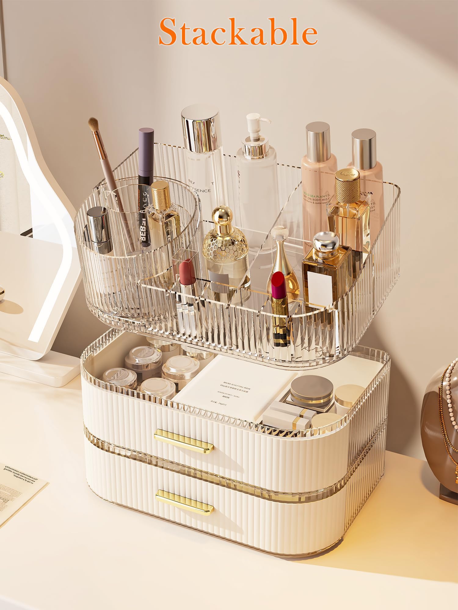 Make-up Organizer mit 2 Schubladen, 360 Grad drehbarer Make-up-Pinselhalter, 27,9 cm breit, groß, stapelbar, Kosmetik-Vitrine, Hautpflege-Organizer und Aufbewahrung für Kommode, Schminktisch