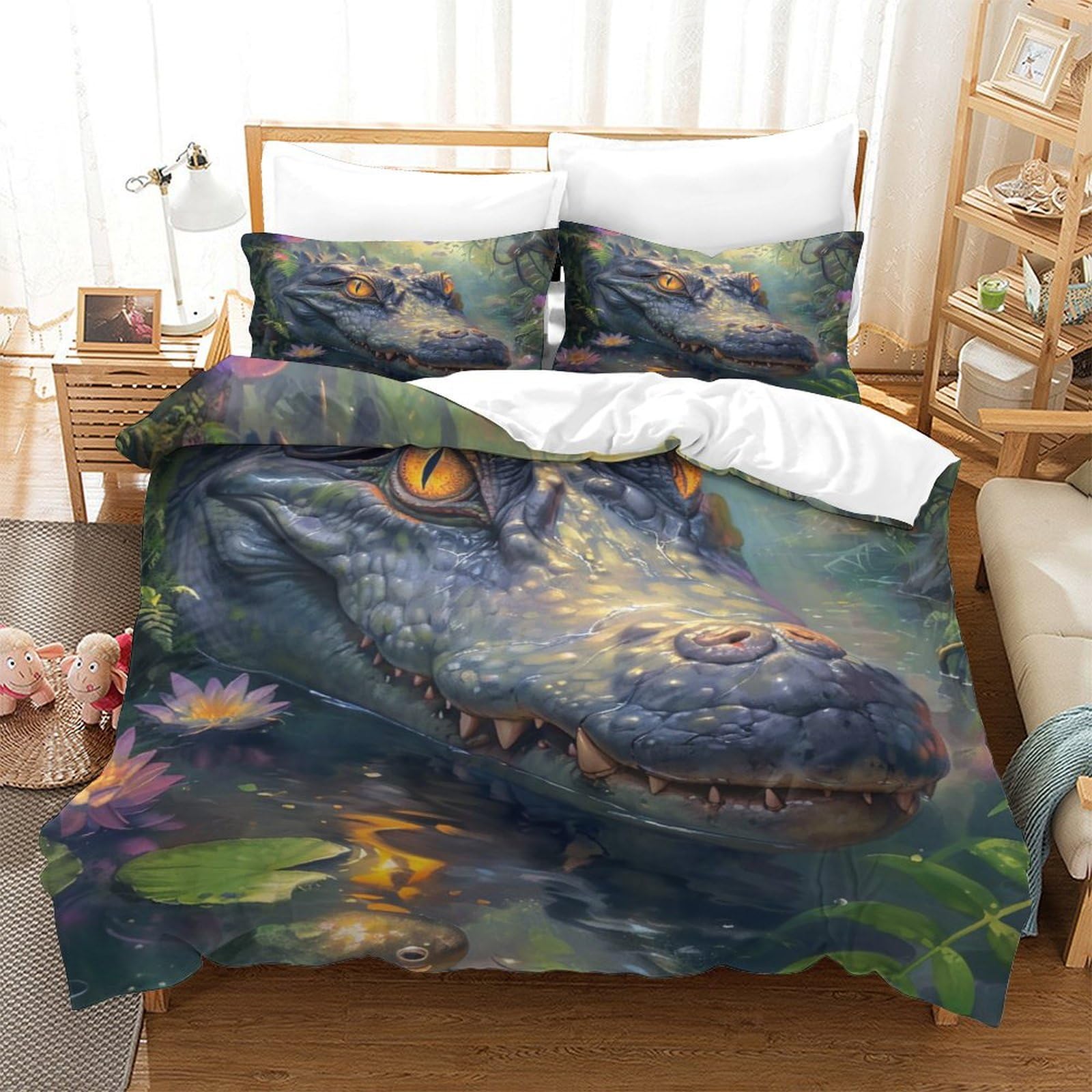 Housse de couette crocodile infroissable et douce en microfibre pour lit enfant 140x200