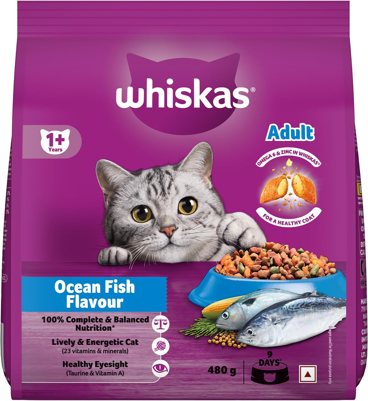 Adult (1+ Years) Dry Cat Food, Ocean Fish Flavour, 480 g, Contains 41 Essential Nutrients, Complete & Balanced Nutrition for Adult Cats