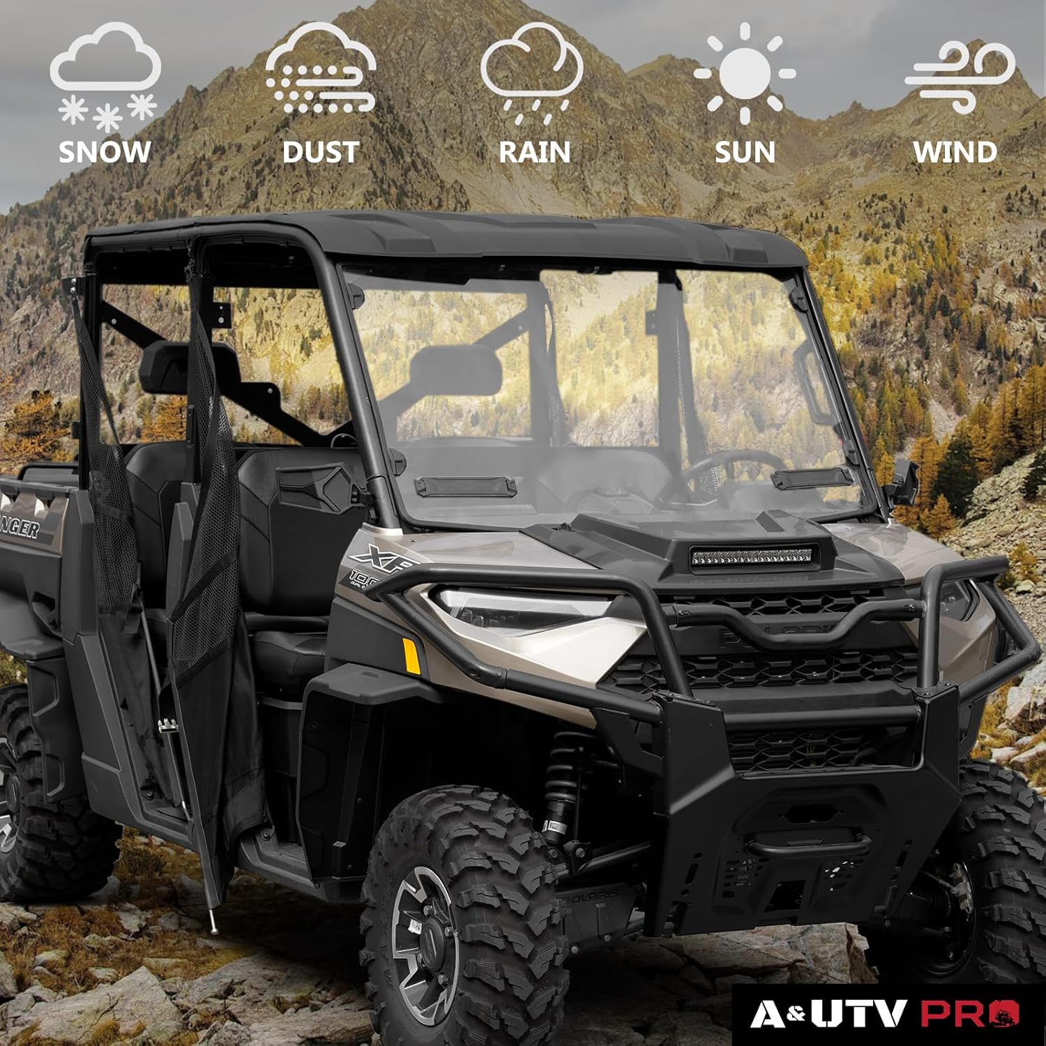 A & UTV PRO Front Full Windshield for 2017-2025 Polaris Ranger XP 1000 / XP 1000 Crew / Ranger 1000 900 XP Window Accessories, Clear Tough Hard Coated Polycarbonate Construction - Image 6