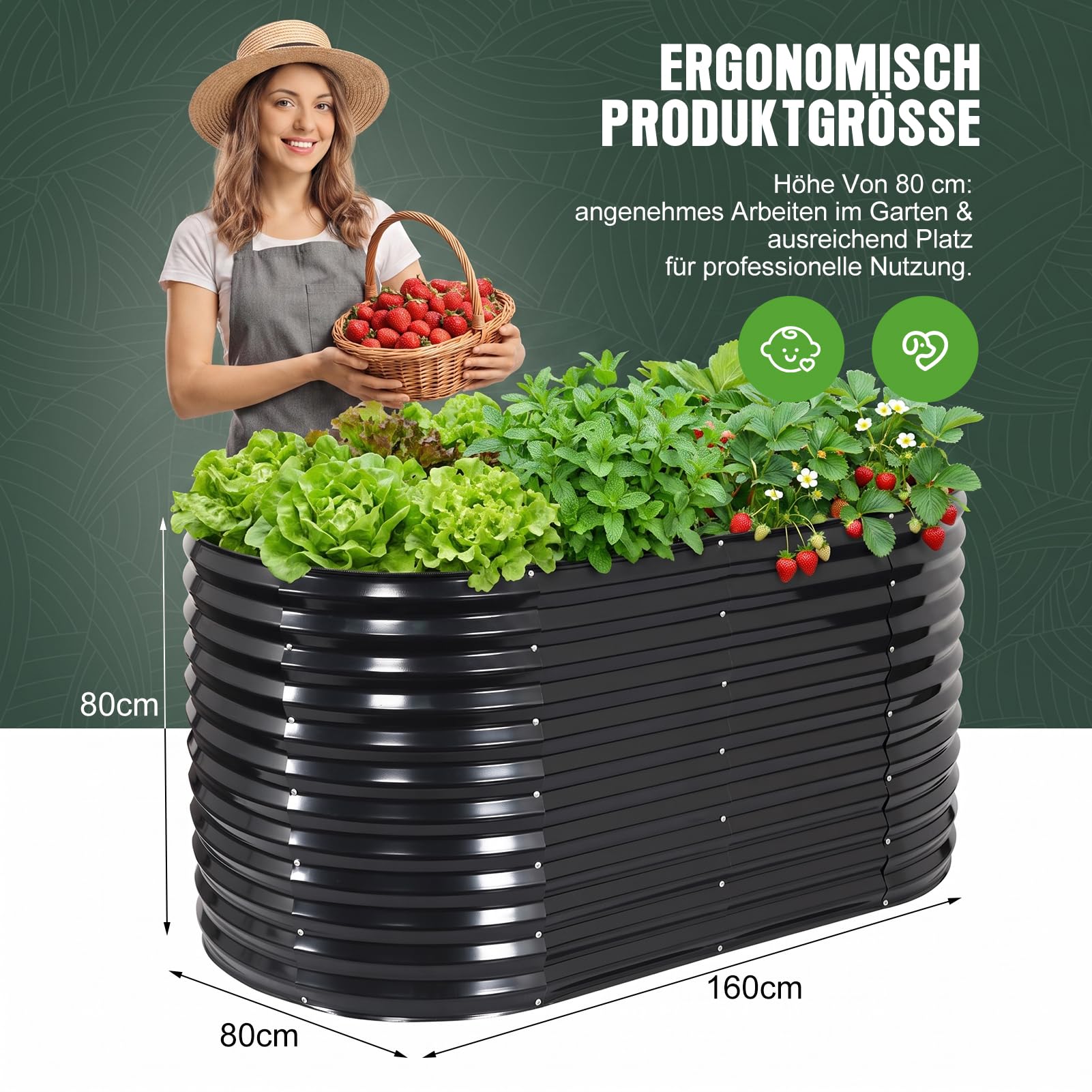 WILLOW WEAVE Hochbeet Metall, 160 x 80 x 80 cm, Stahl verzinkt, Ovale | Gemüsebeet ideal für den Garten – wetterfest & langlebig, inkl. Drahtgitter gegen Wühlmäuse, für Gemüse, Kräuter & Blumen