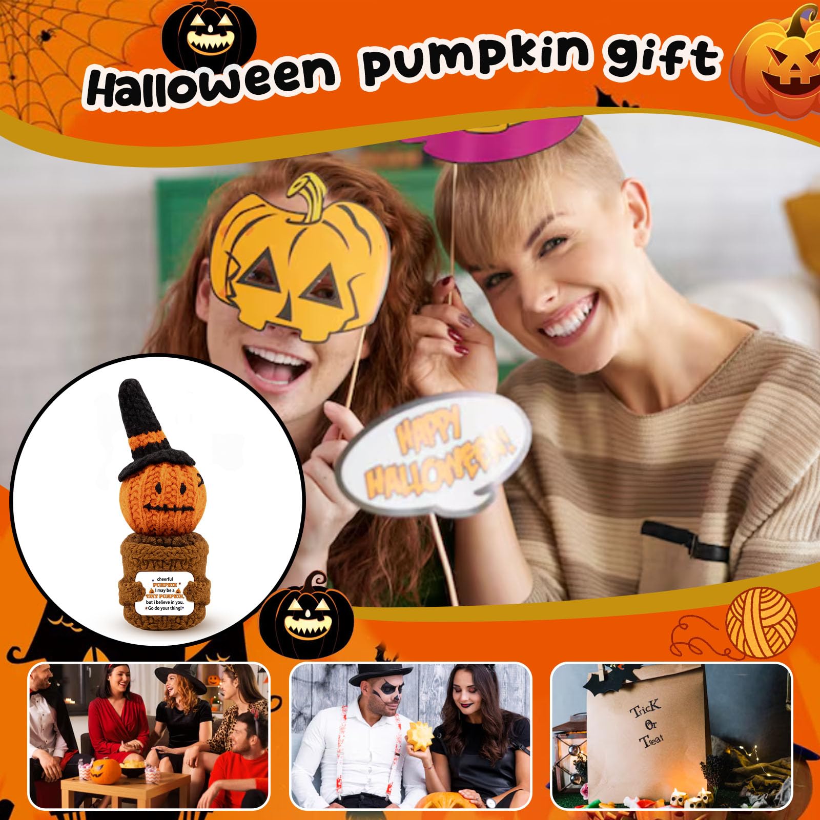 Cesta de Halloween Boo regalo para amigos y familiares, mini calabaza positiva hecha a mano, regalo de apoyo emocional de ganchillo para cumpleaños, Halloween, decoración de Acción de