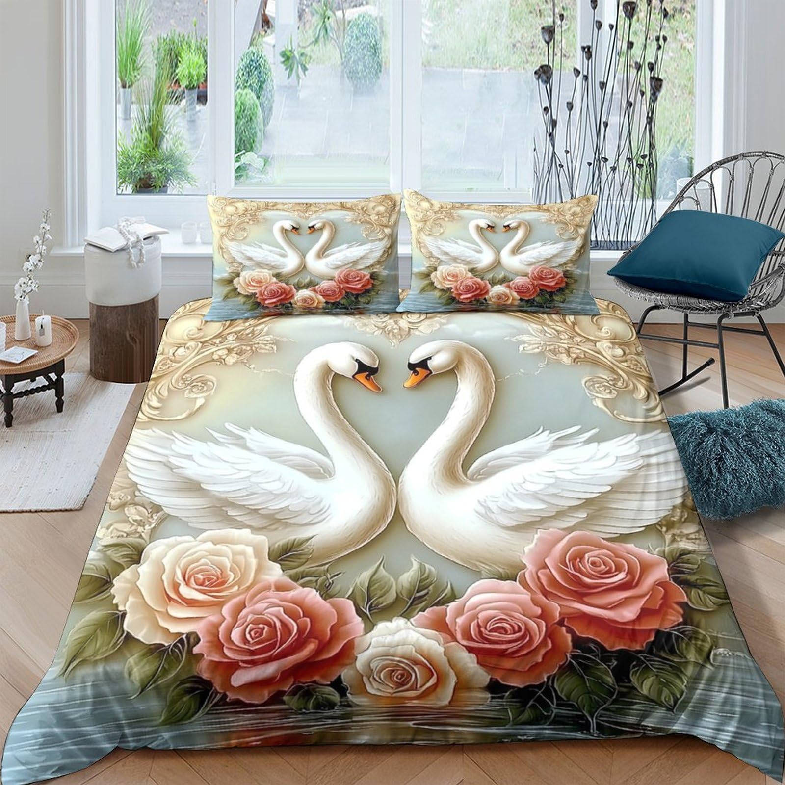 Ctjqhvkz Style-6 3D Printed Swan Rose Fitted Sheet Microfiber Soft Decorative Bed Cover For Bedroom Guest Room Mattress Protection Single（135X200cm）